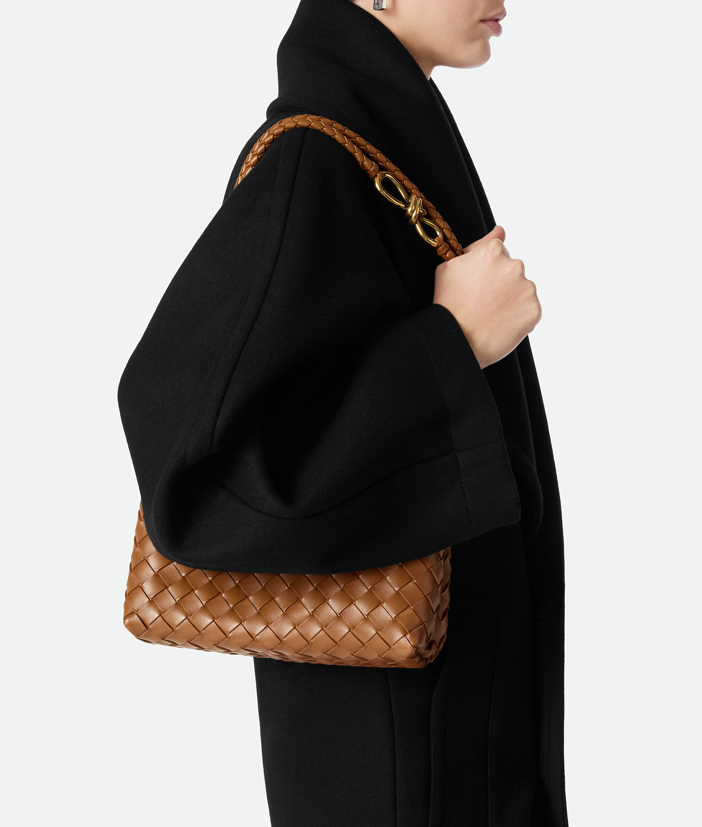 Bottega Veneta Andiamo Intrecciato Woven Leather Small Shoulder Bag In Brown