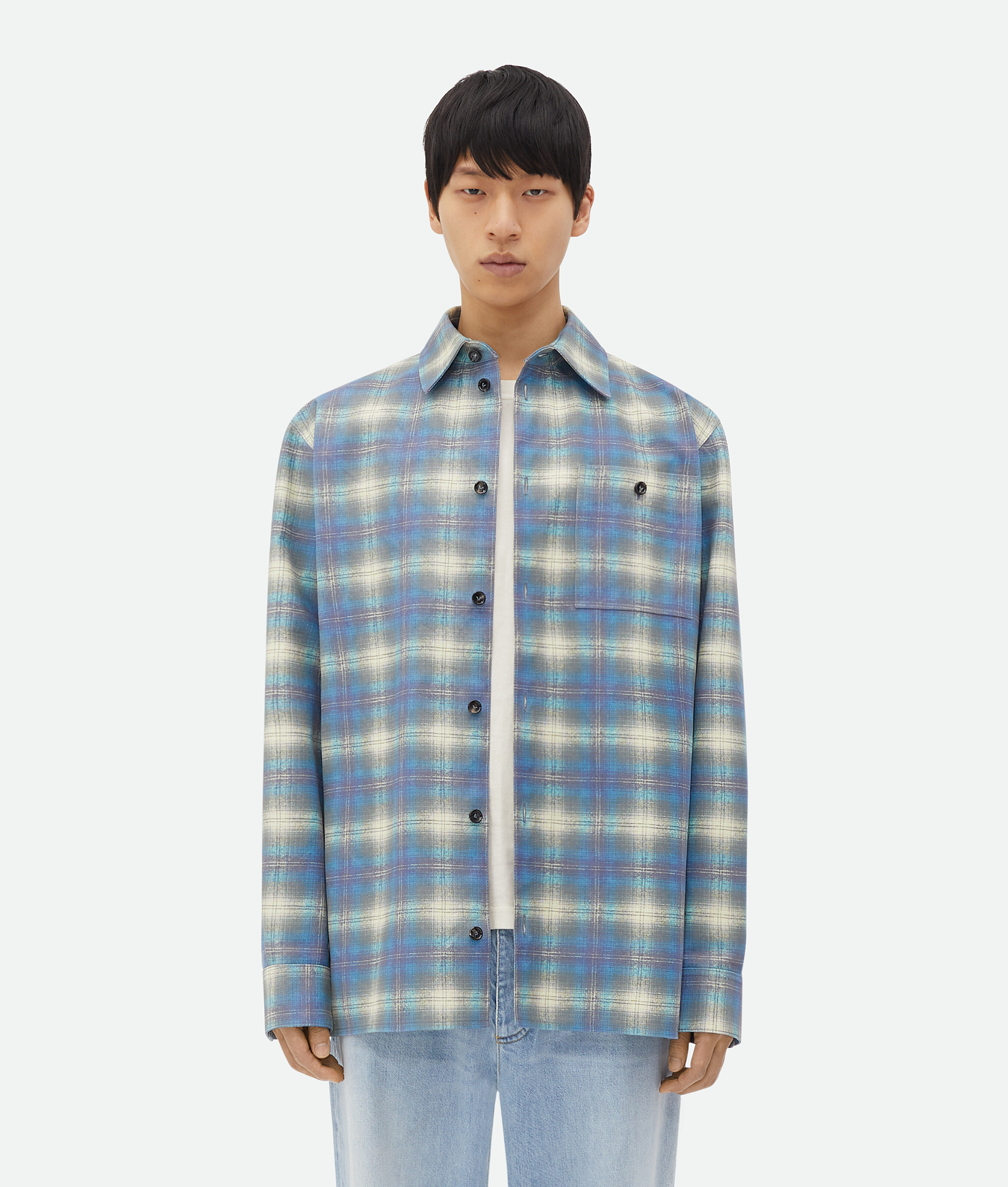 Bottega Veneta Relaxed Fit Flannel-printed Leather Shirt In Blue