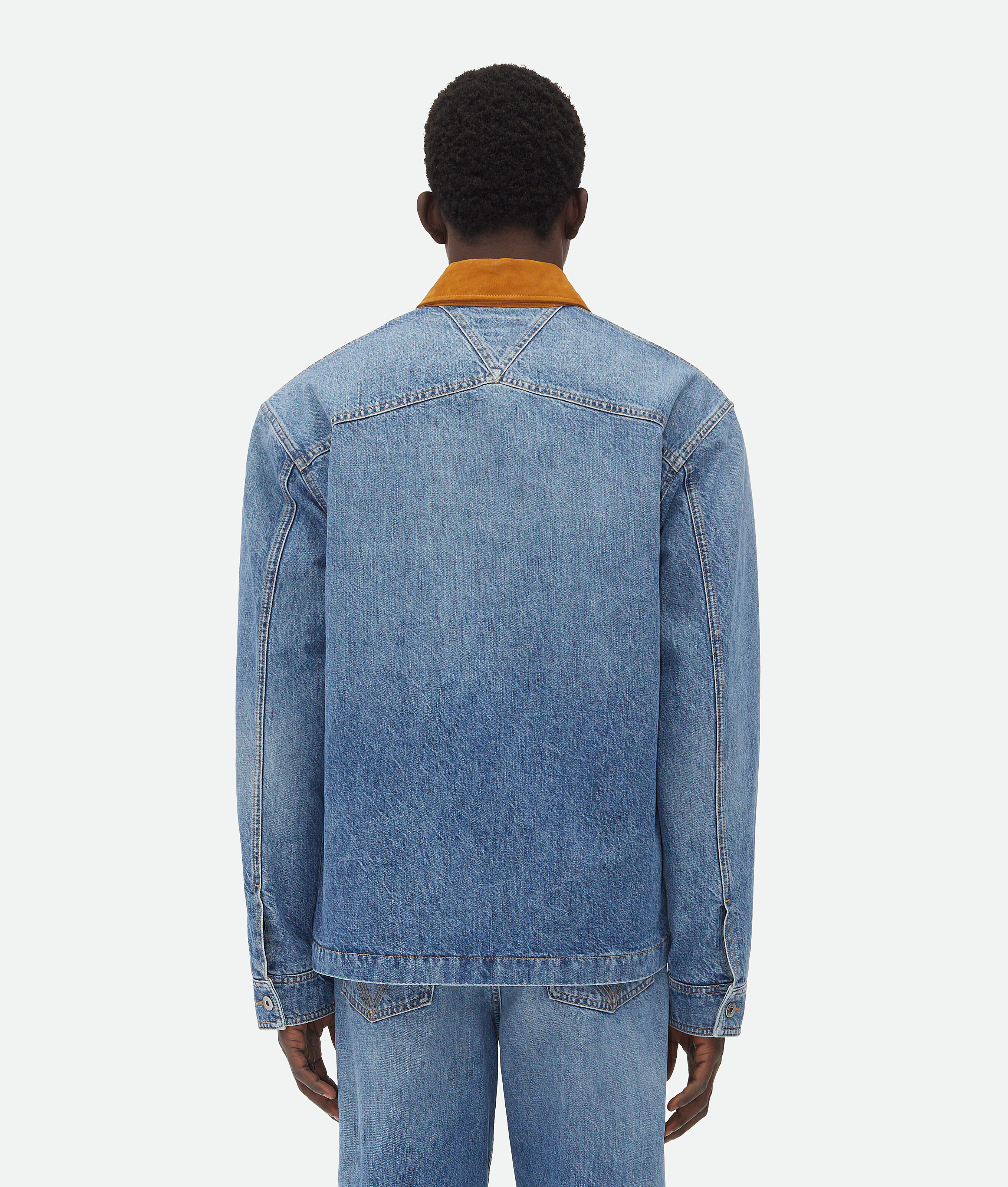 Bottega Veneta Men Blue Jacket With Suede Collar And Logo Patch In Denim Man