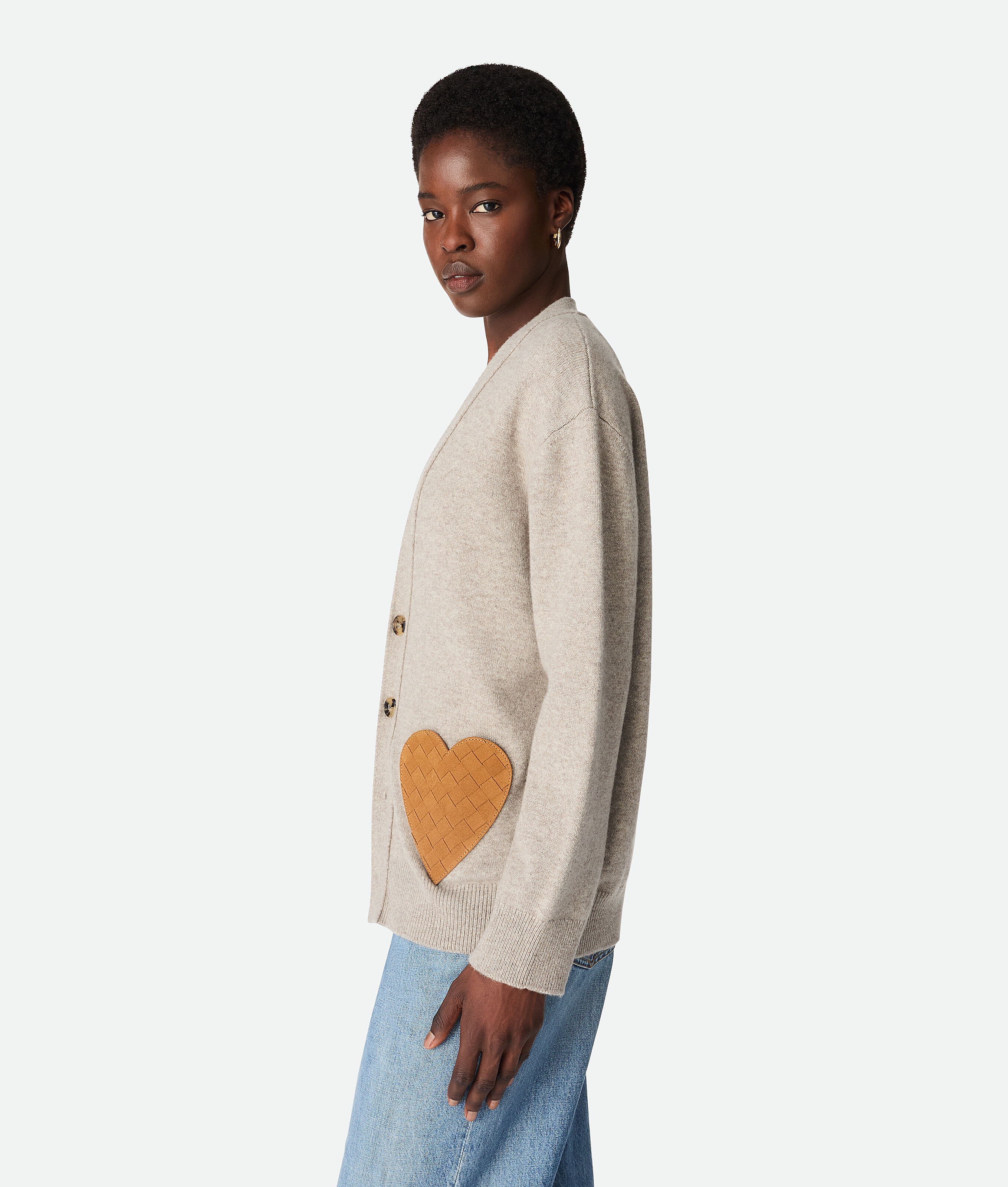 Bottega Veneta Cashmere Blend Cardigan With Intrecciato Suede Hearts In Neutral
