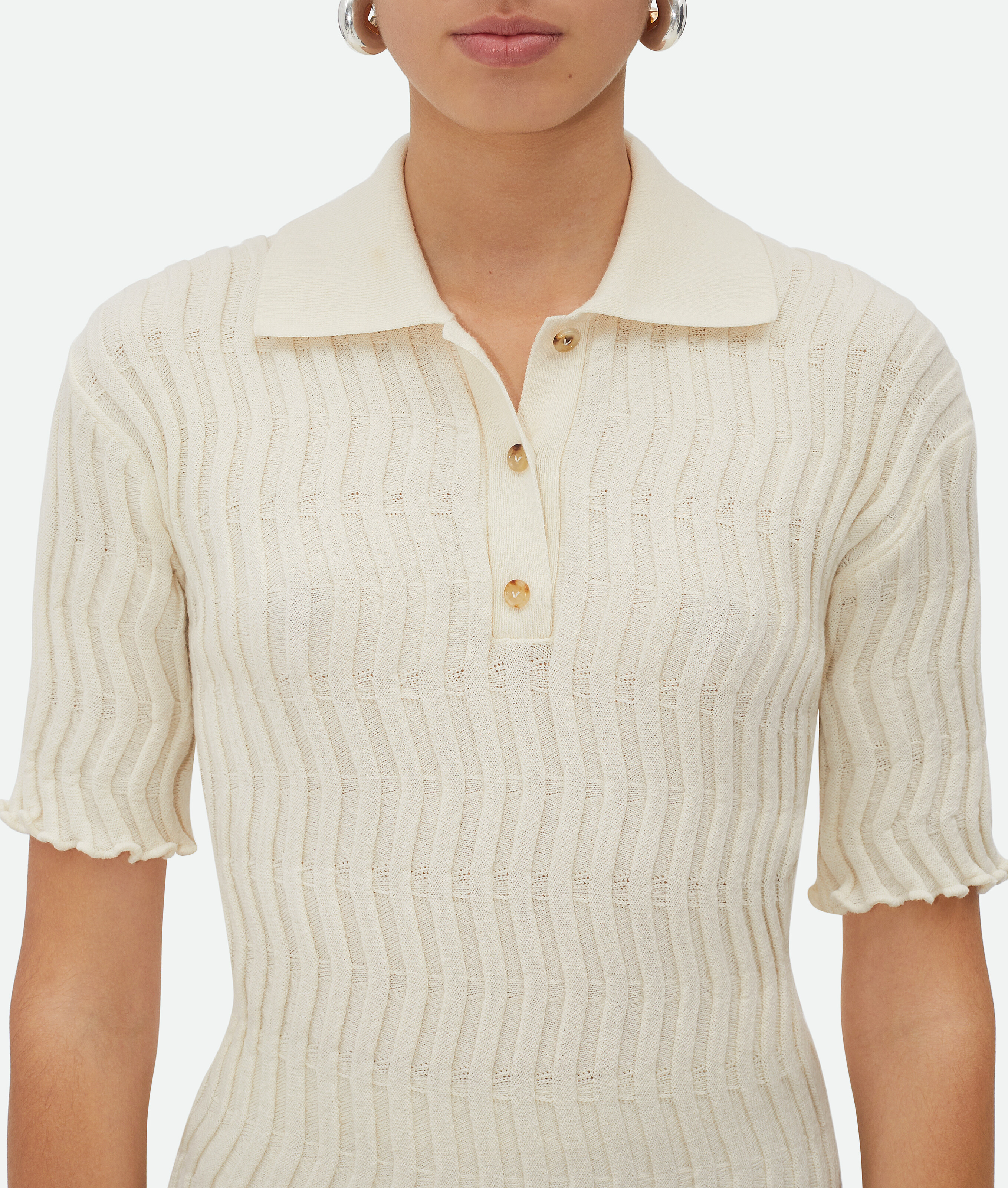 Bottega Veneta Zigzag Knit Short-sleeve Polo Top In Beige