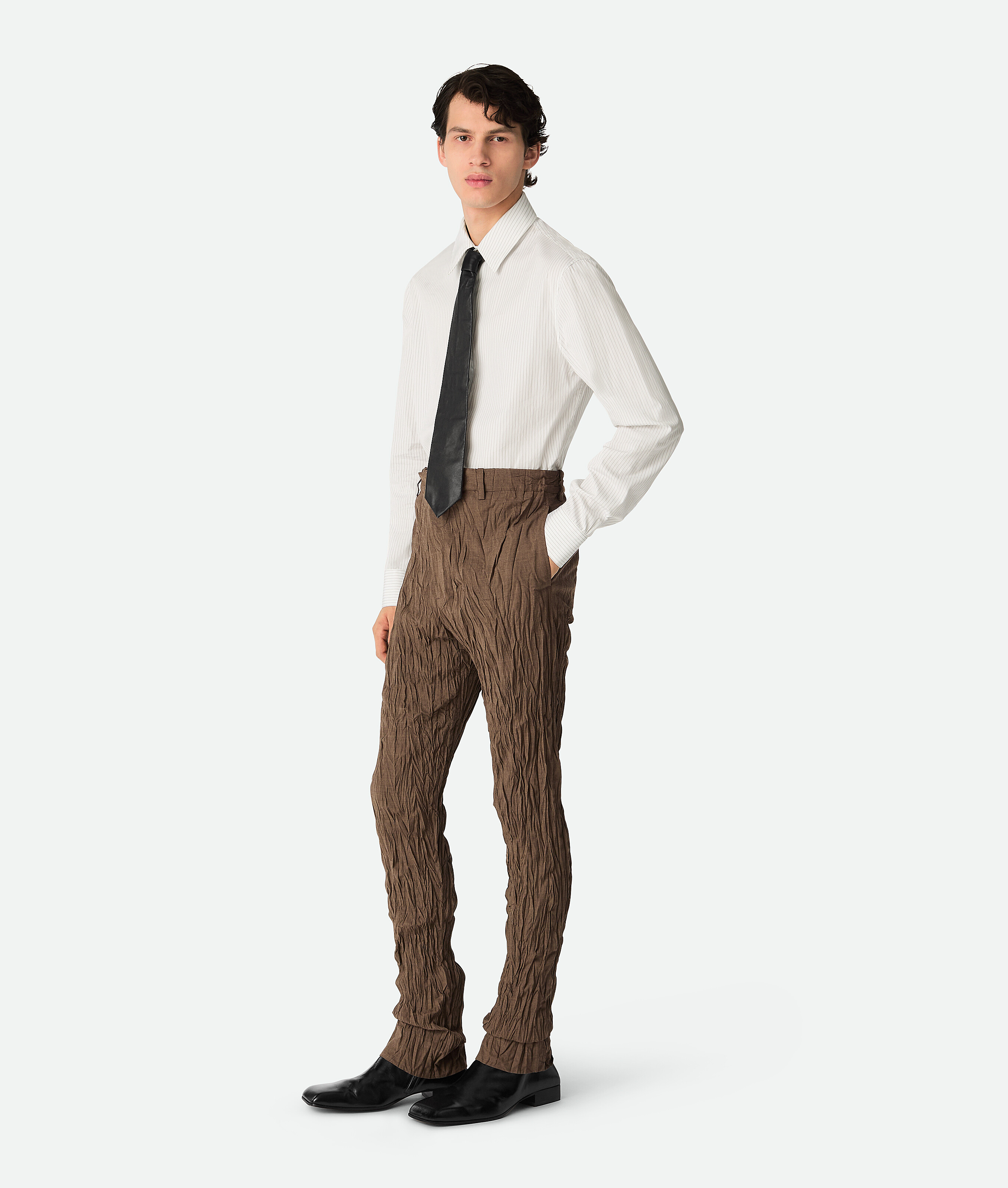 Bottega Veneta Crushed Wool Slim Trousers In Coffee Melange