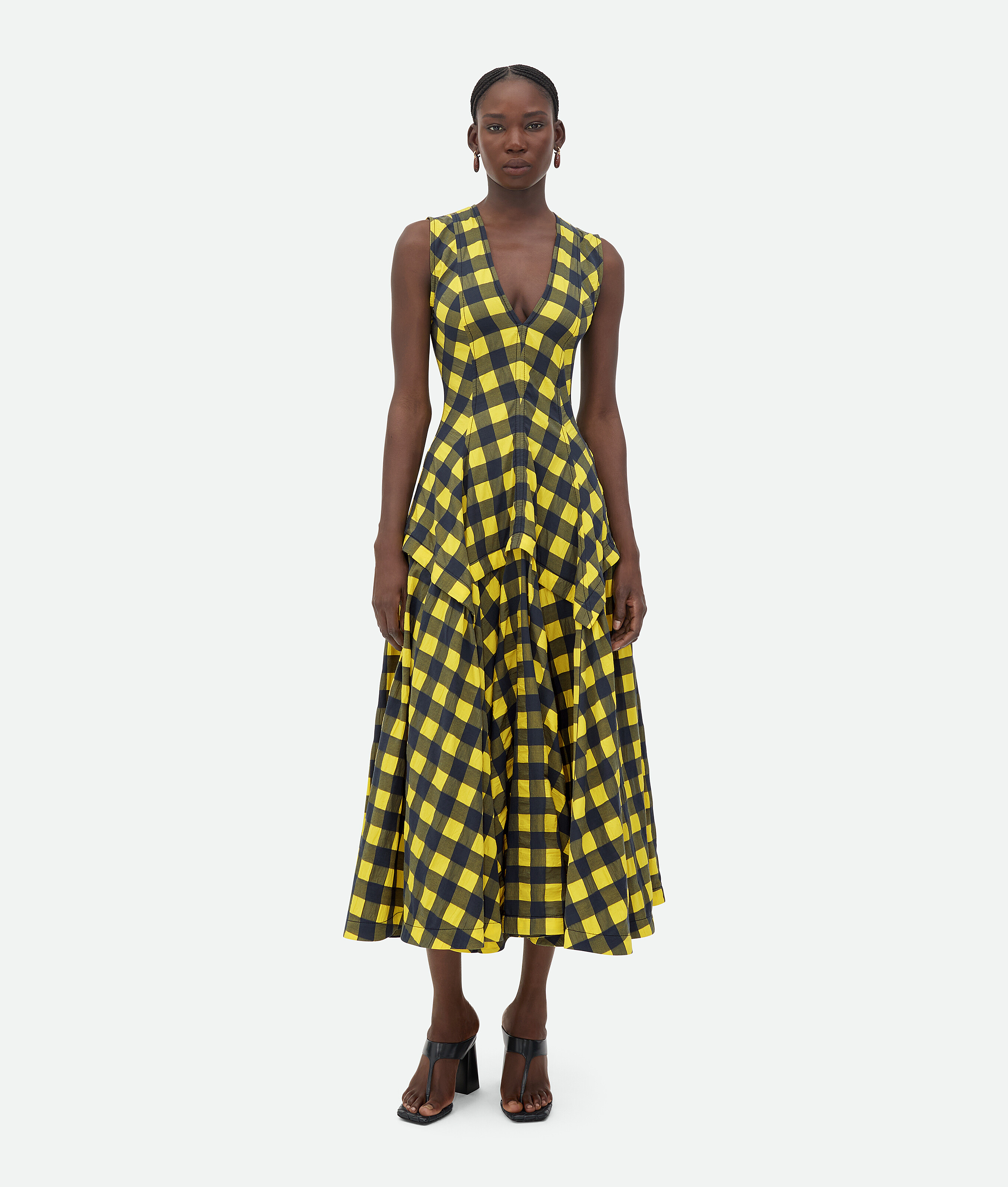 Shop Bottega Veneta Robe En Coton Vichy In Yellow/shrub/wave