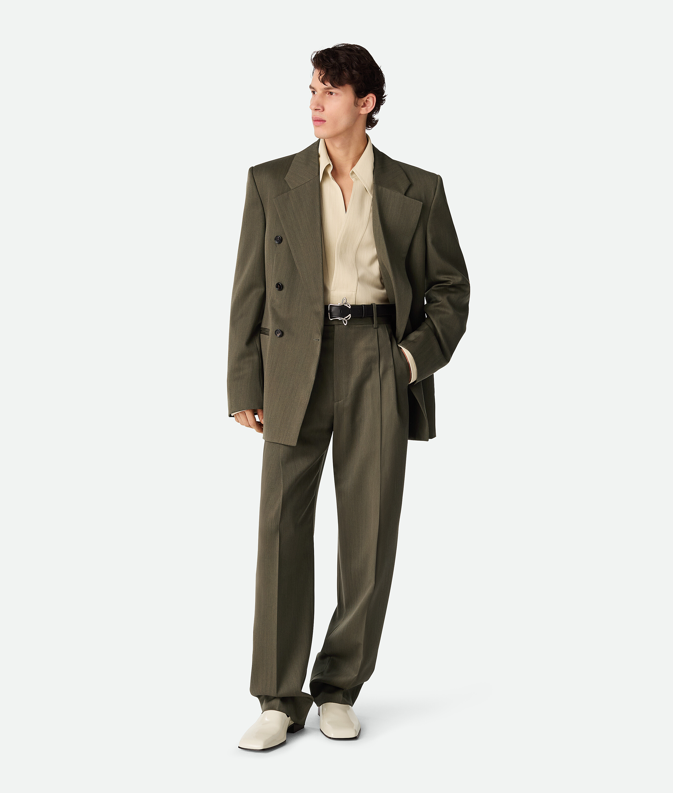 Bottega Veneta Leather Wide Leg Trousers In Forest/caper Melange