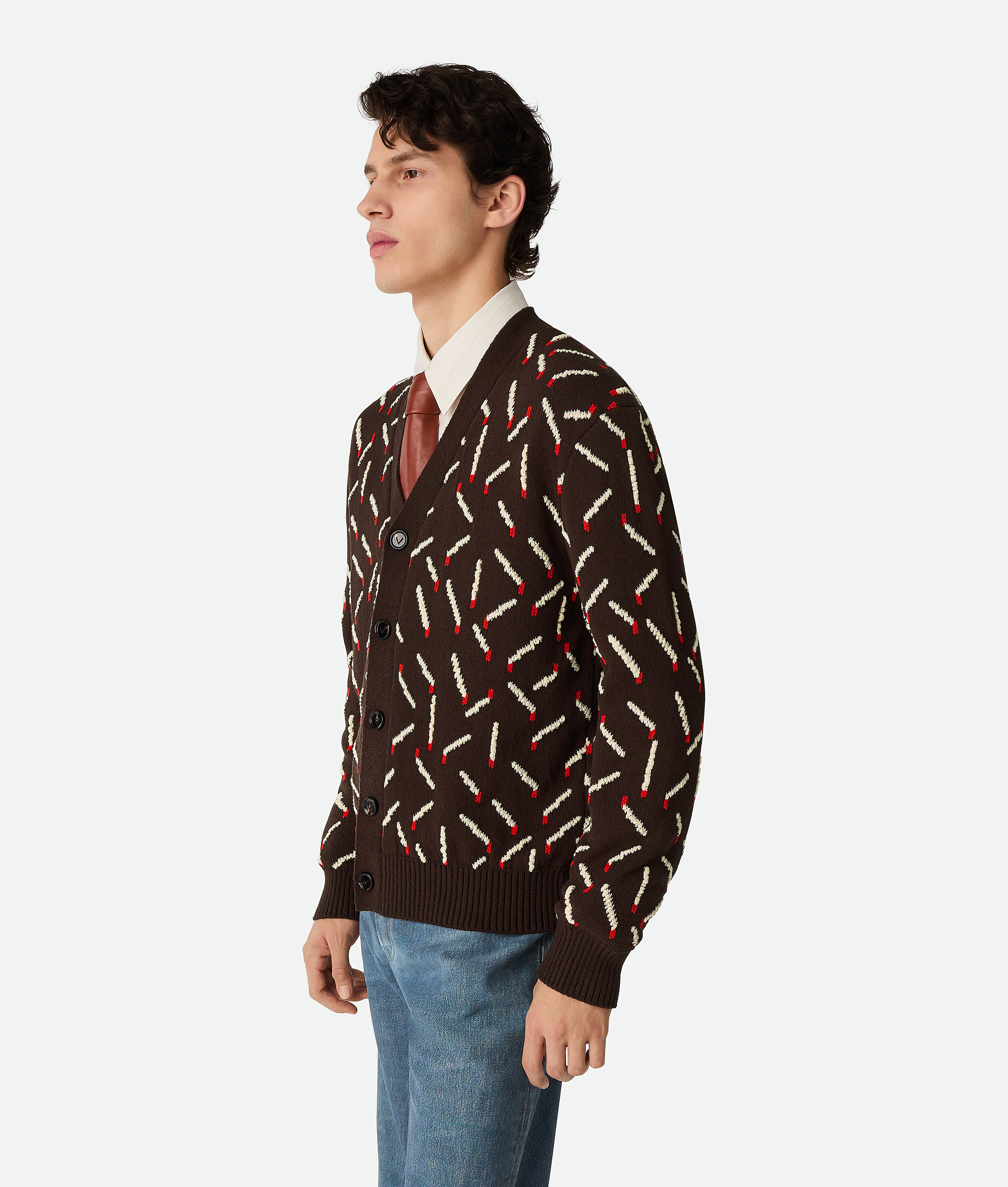 Bottega Veneta Cardigan Allumettes En Jacquard De Coton In Ebony/chalk/tomato