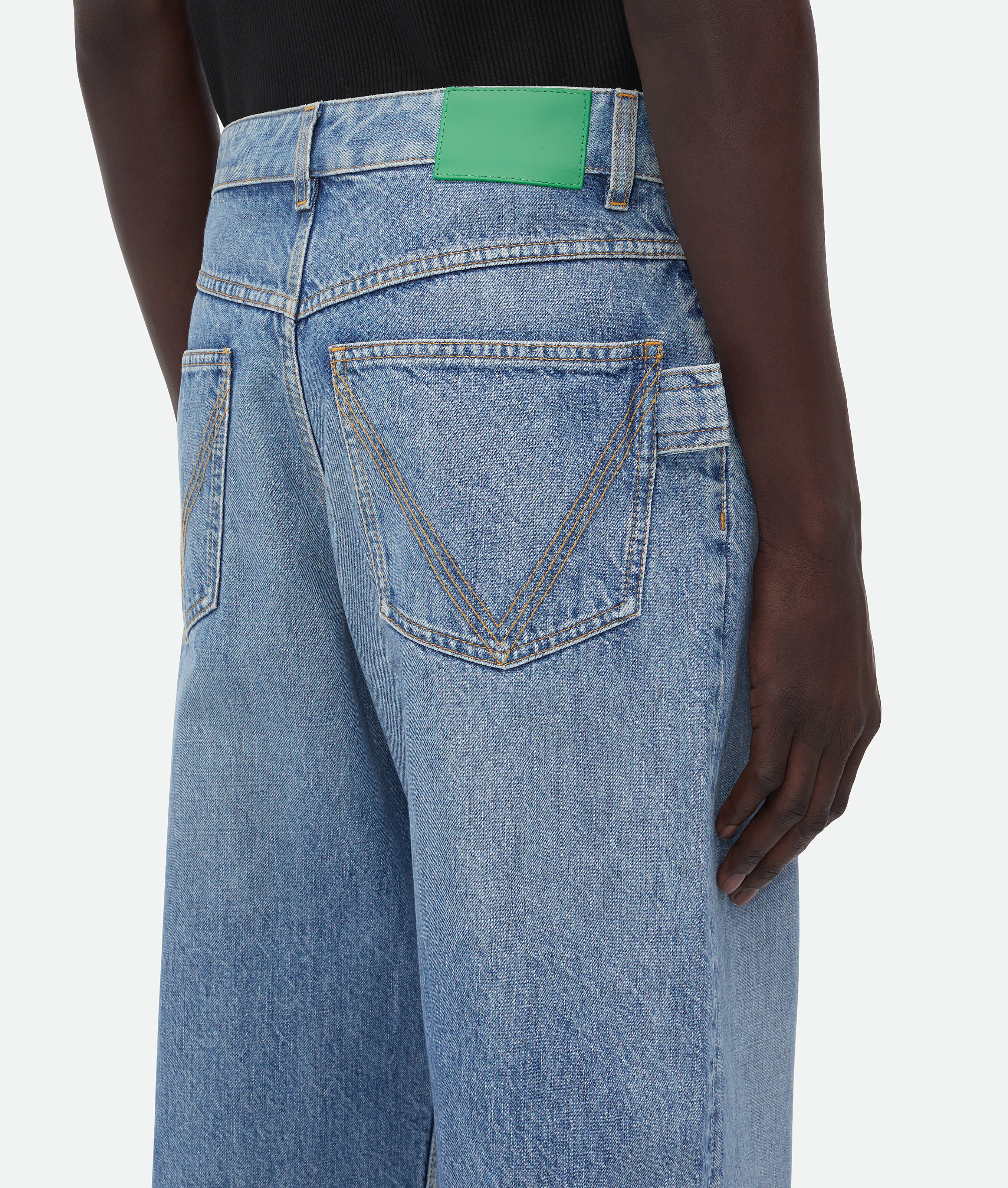 Bottega Veneta Straight Leg Denim Trousers Green Patch In Blue
