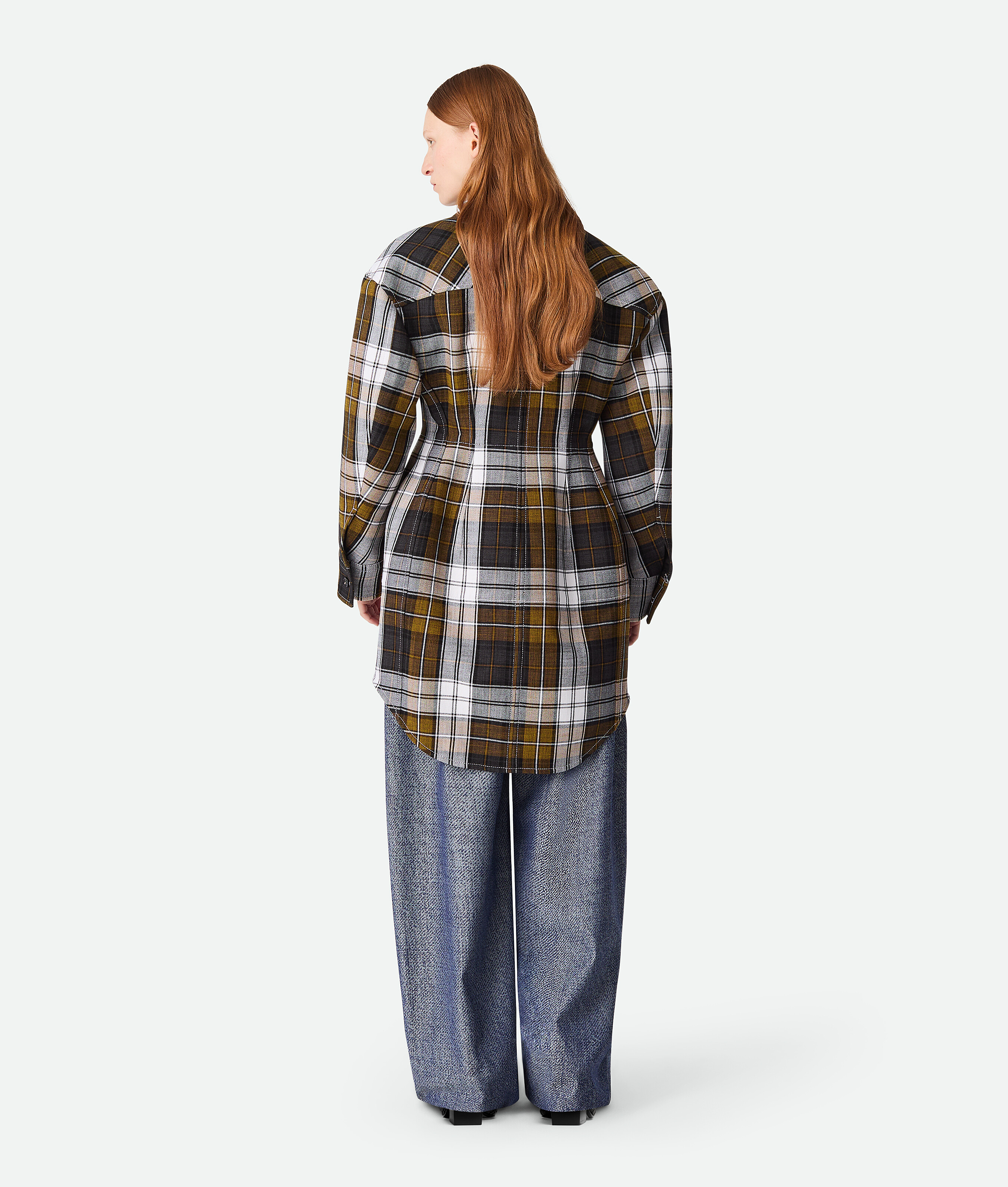 Bottega Veneta Multicolor Structured Cotton Check Coat In Vulcano/chalk/jute