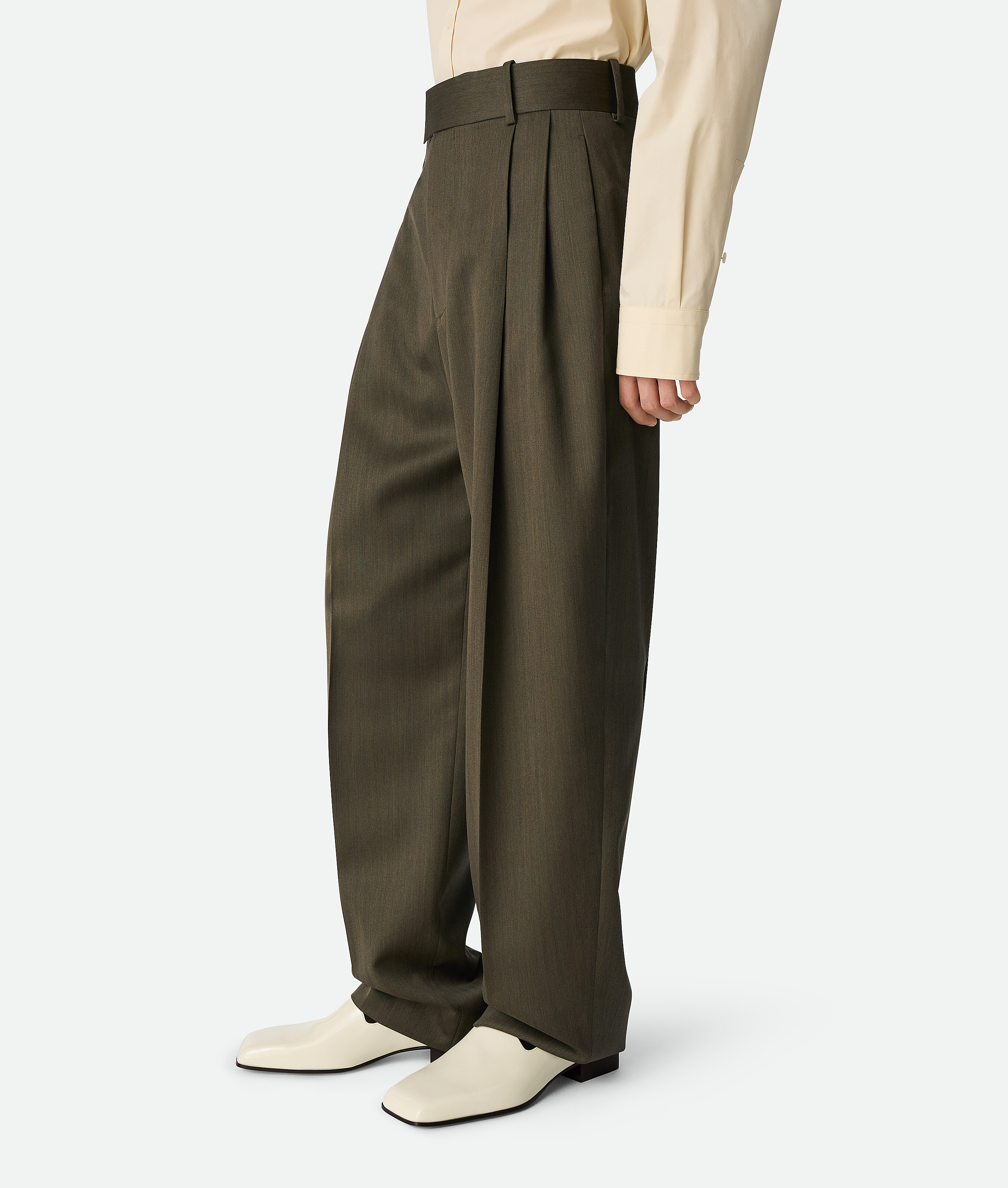 Bottega Veneta Leather Wide Leg Trousers In Forest/caper Melange