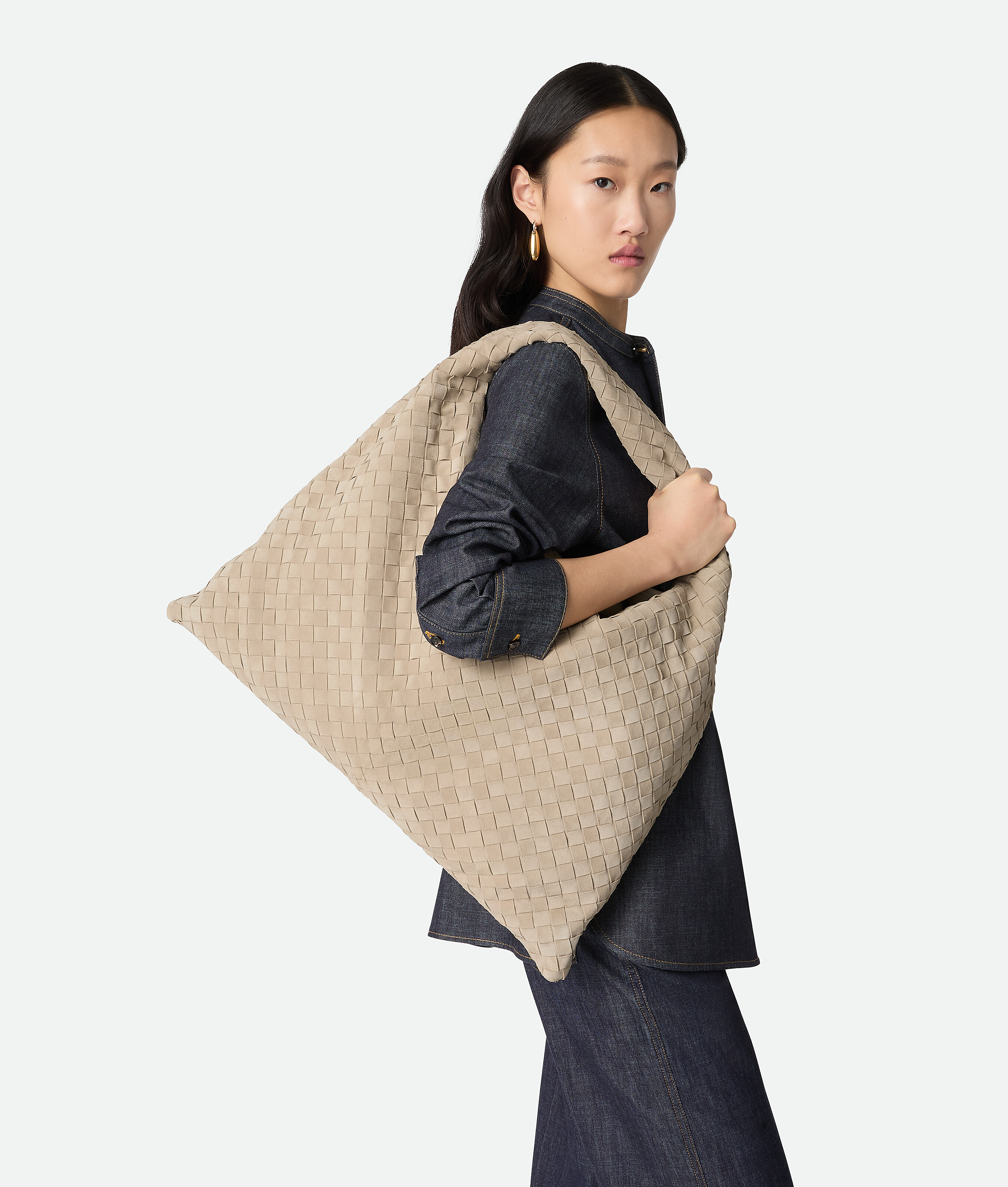 Bottega Veneta Large Suede Hop Shoulder Bag In Neutral
