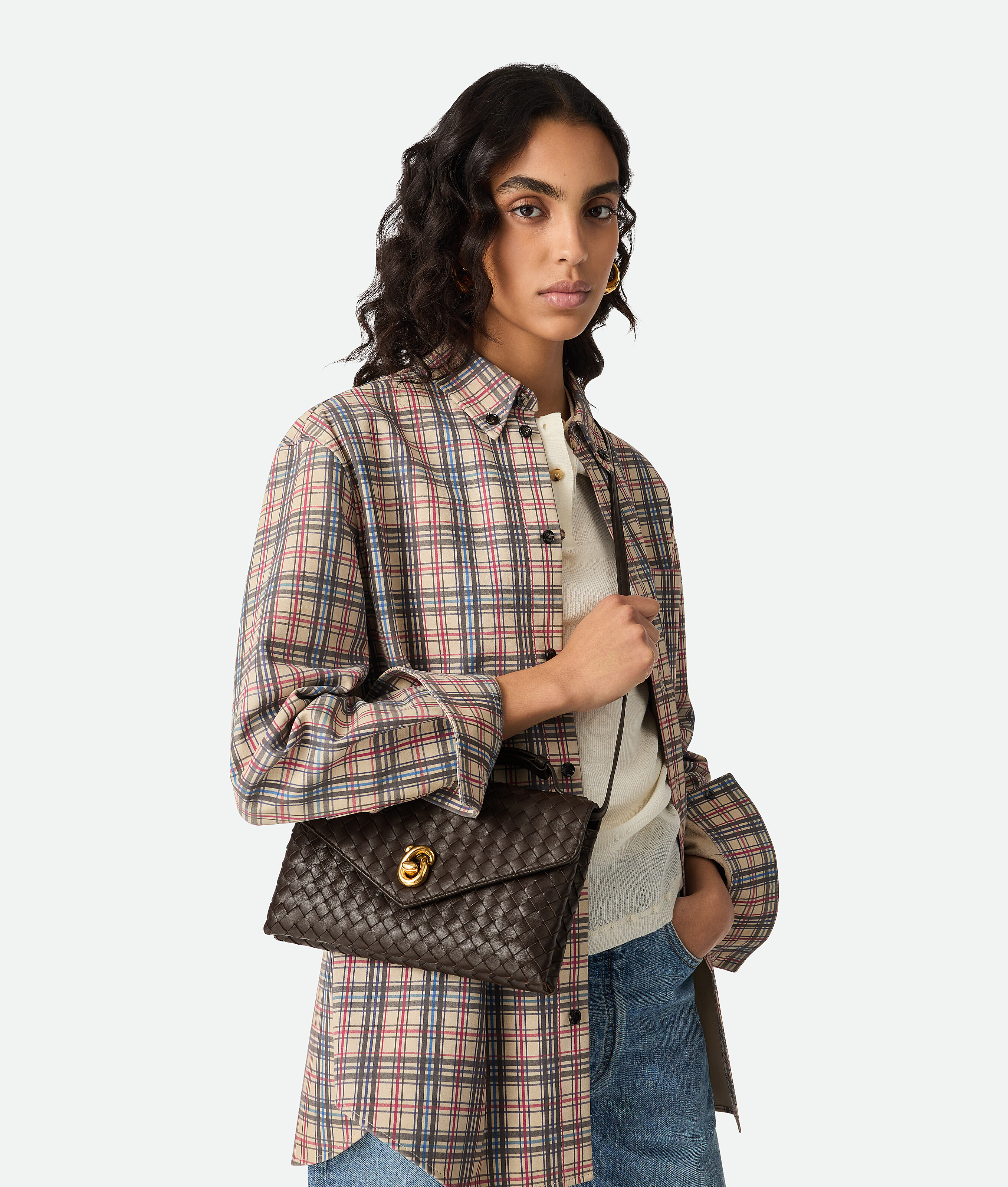 Bottega Veneta Women Knot Lock Leather Shoulder Bag With Intrecciato Motif In Ebony