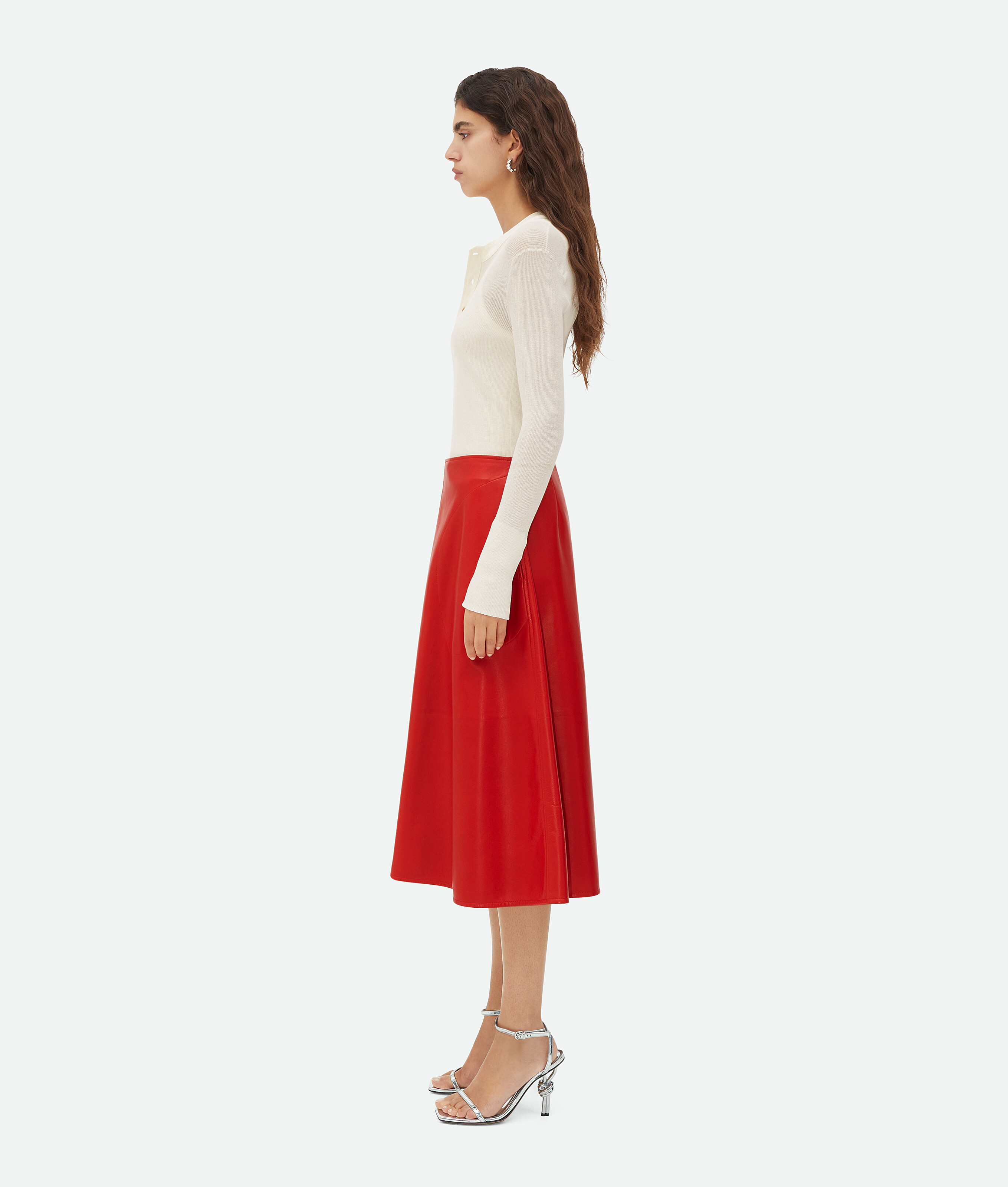 Bottega Veneta Leather Midi Skirt In Red