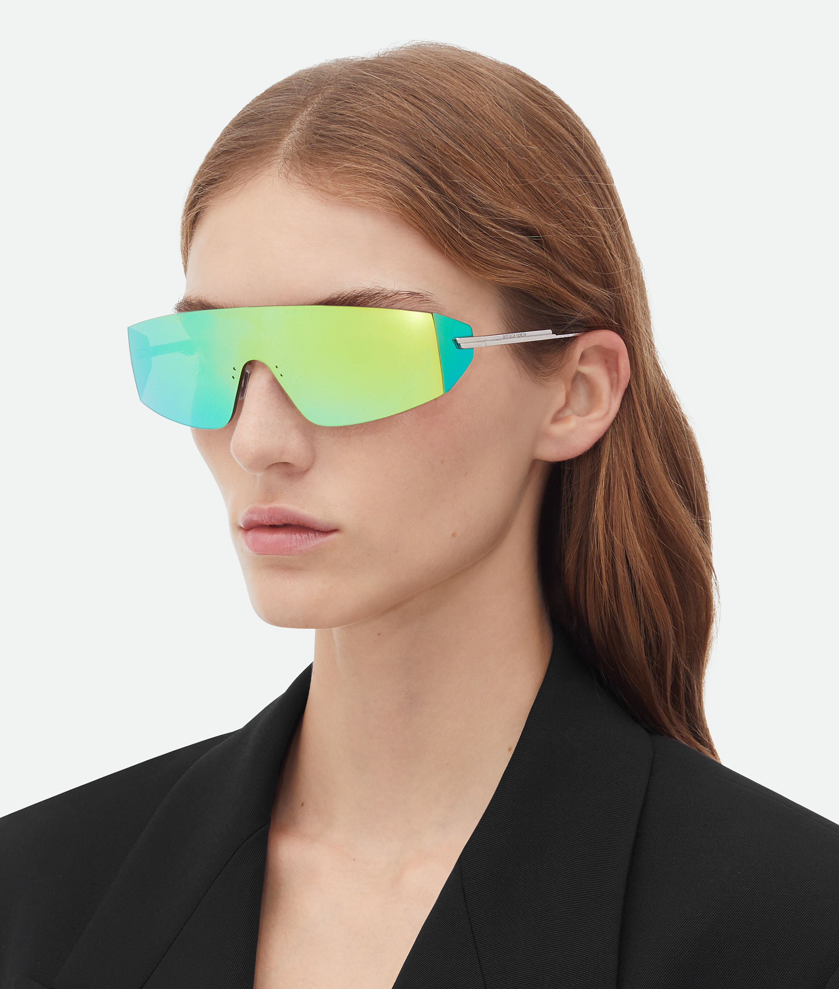 Shop Bottega Veneta Futuristic Shield Sunglasses In Silver/green