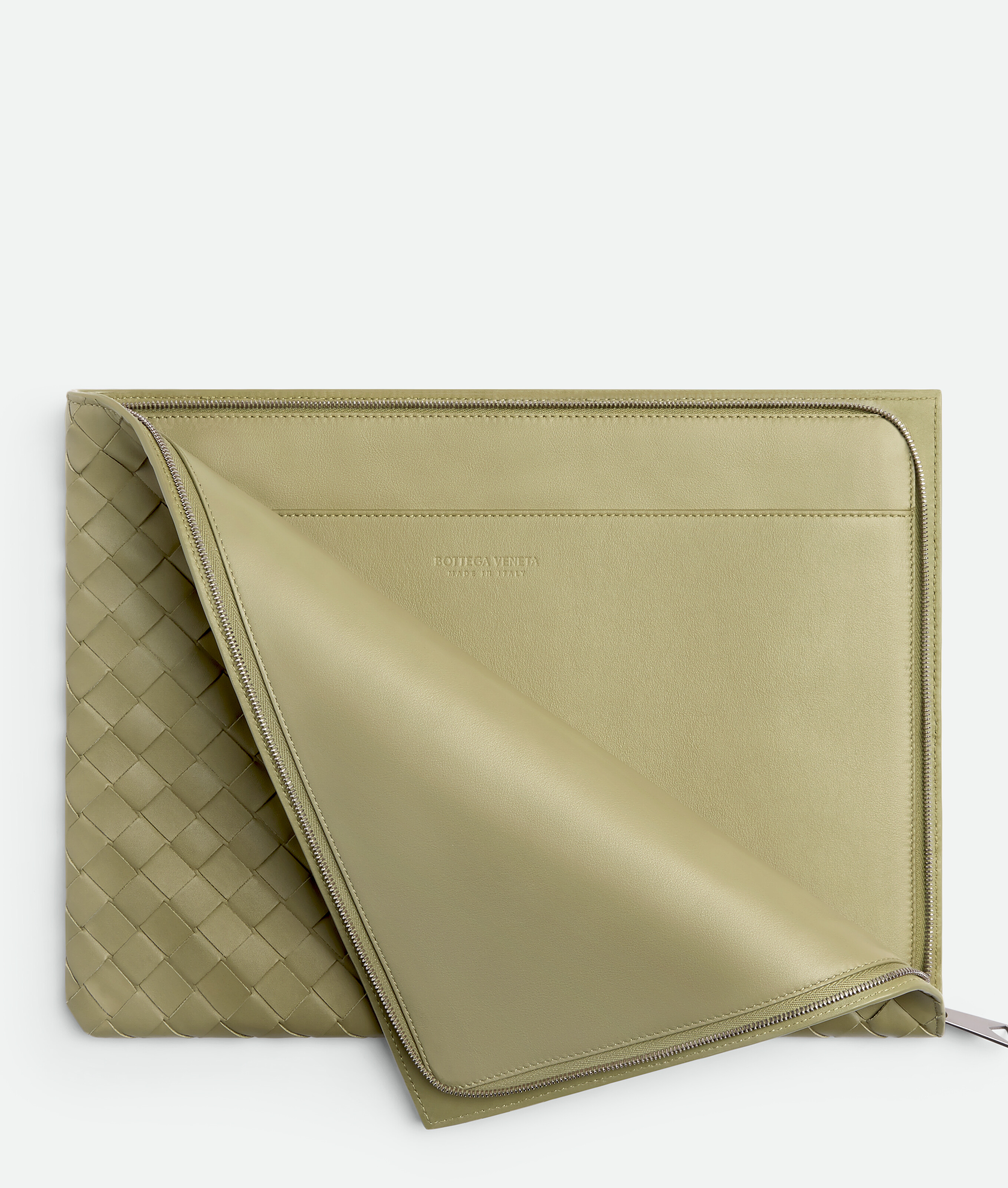 Shop Bottega Veneta Intrecciato Half Zip Pouch In Green