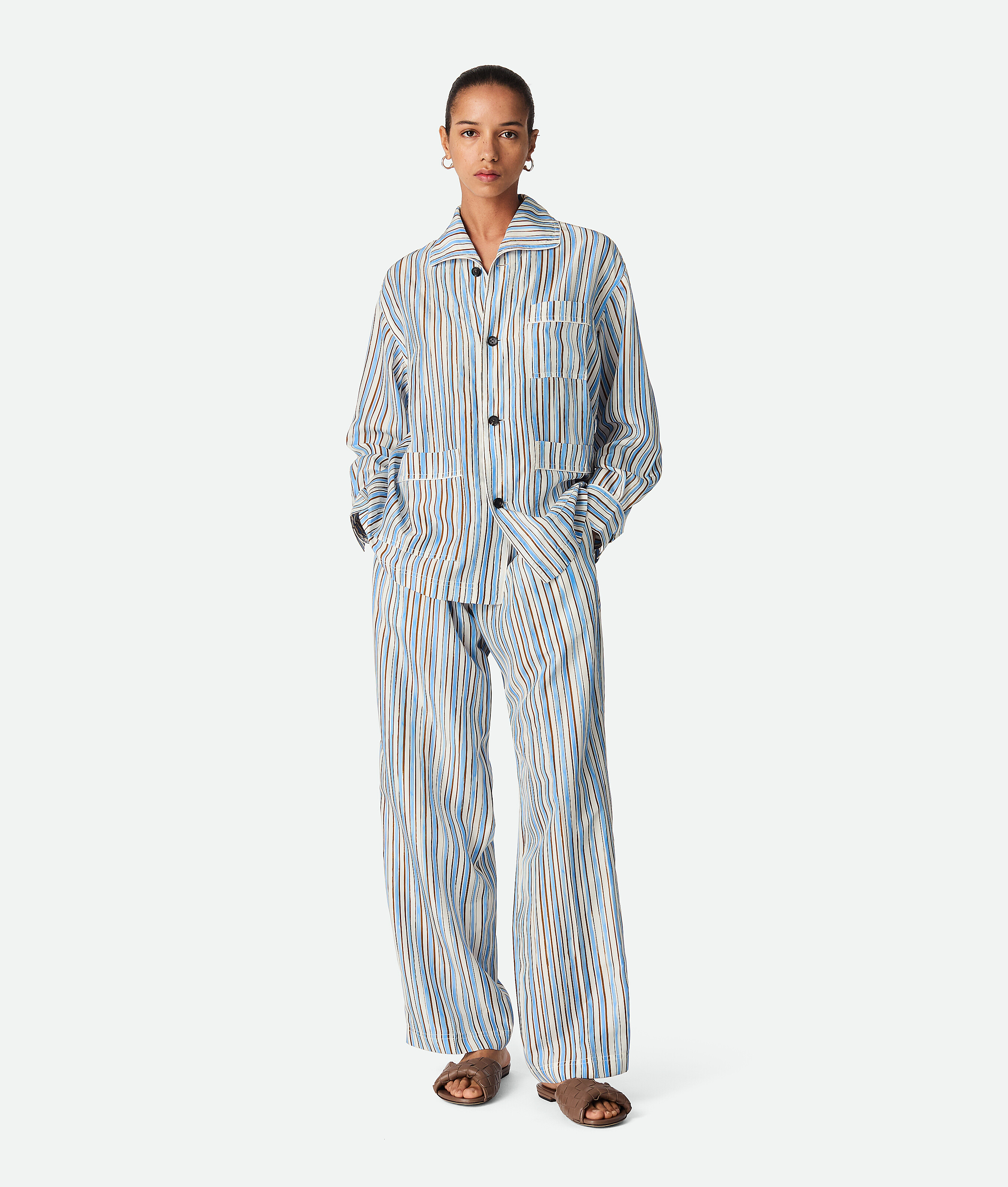 Bottega Veneta Womens Relaxed-fit Multi-stripe Silk Pyjama Set In Admiral/brown