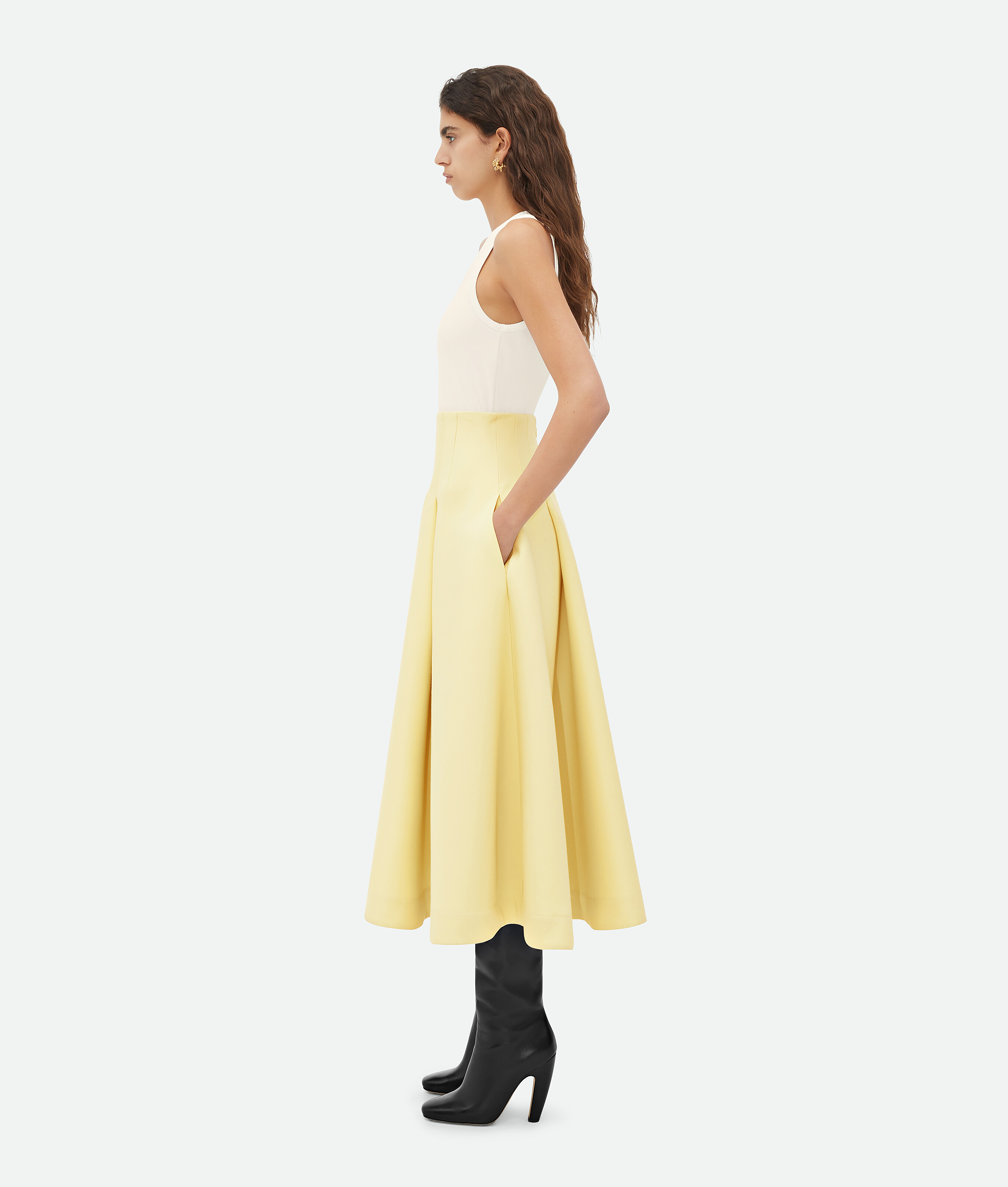 Shop Bottega Veneta Compact Wool Wide Midi Skirt In Yellow