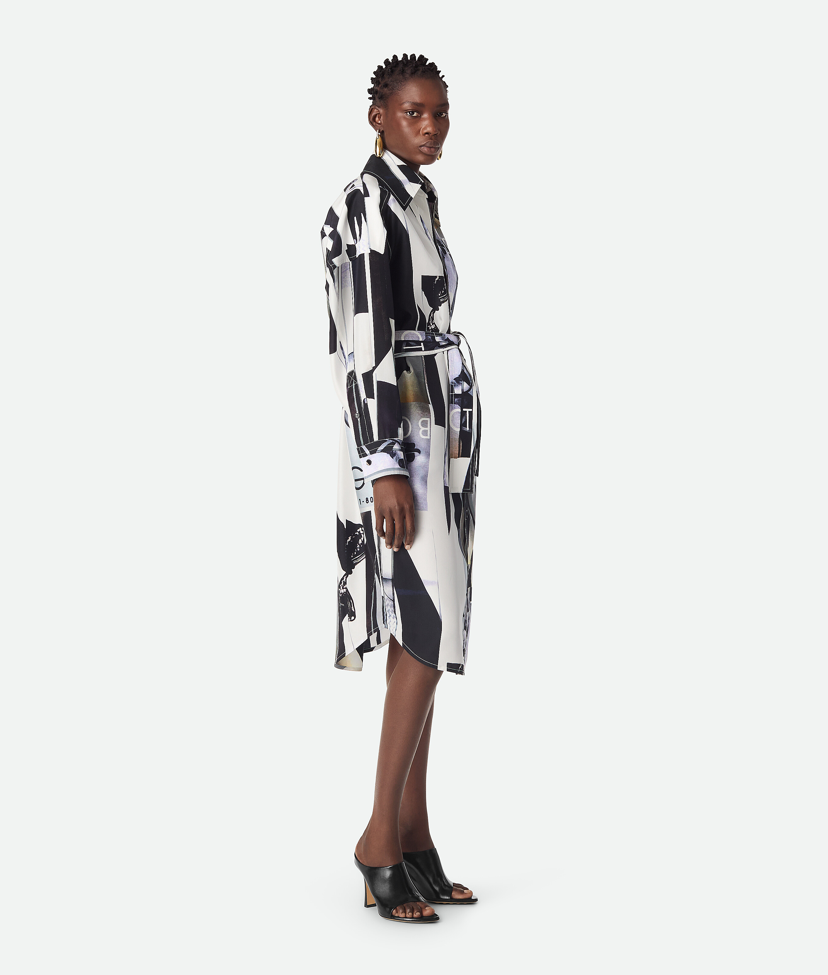 Bottega Veneta Print Long Sleeve Silk Shirtdress In Chalk/black