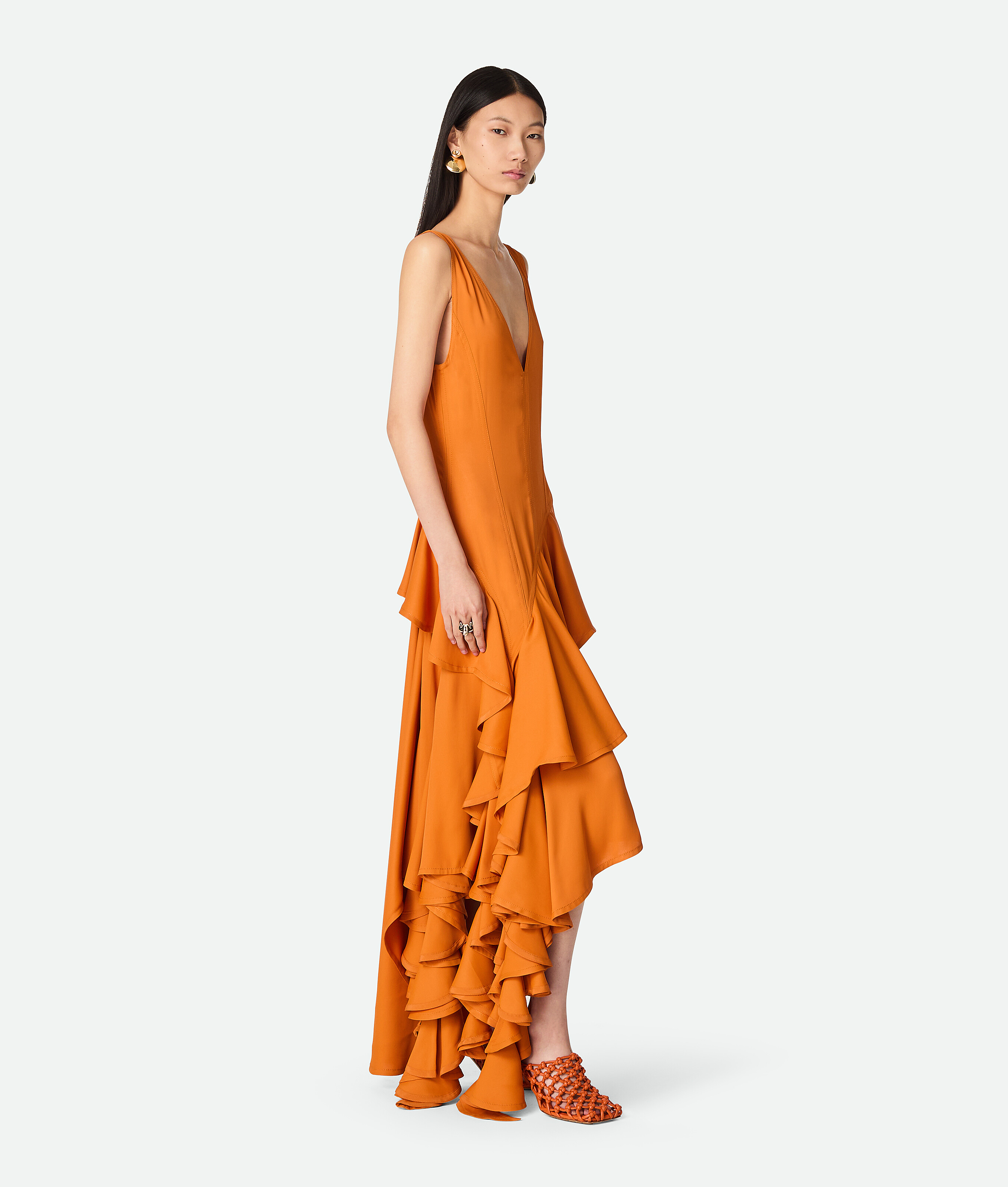 Bottega Veneta Viscose Dress With Asymmetric Hem And Ruffles In Apricot