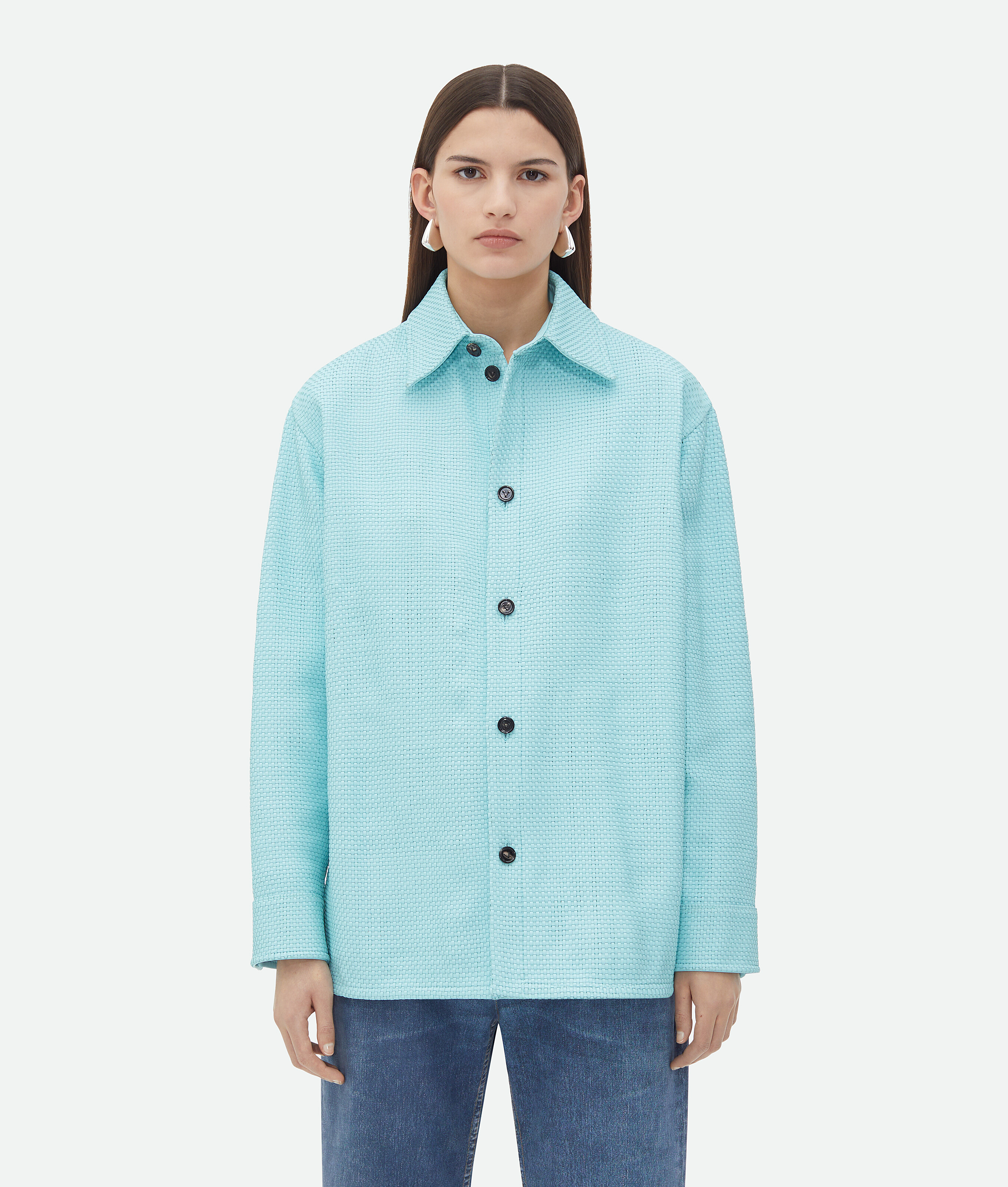 Bottega Veneta Mini Intrecciato Leather Shirt In Pale Blue