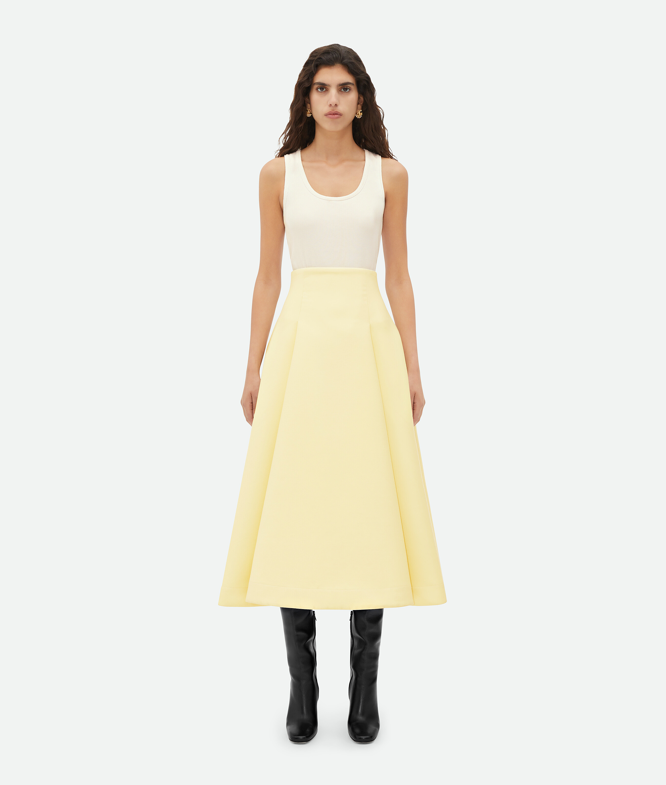Bottega Veneta Compact Wool Wide Midi Skirt In Yellow