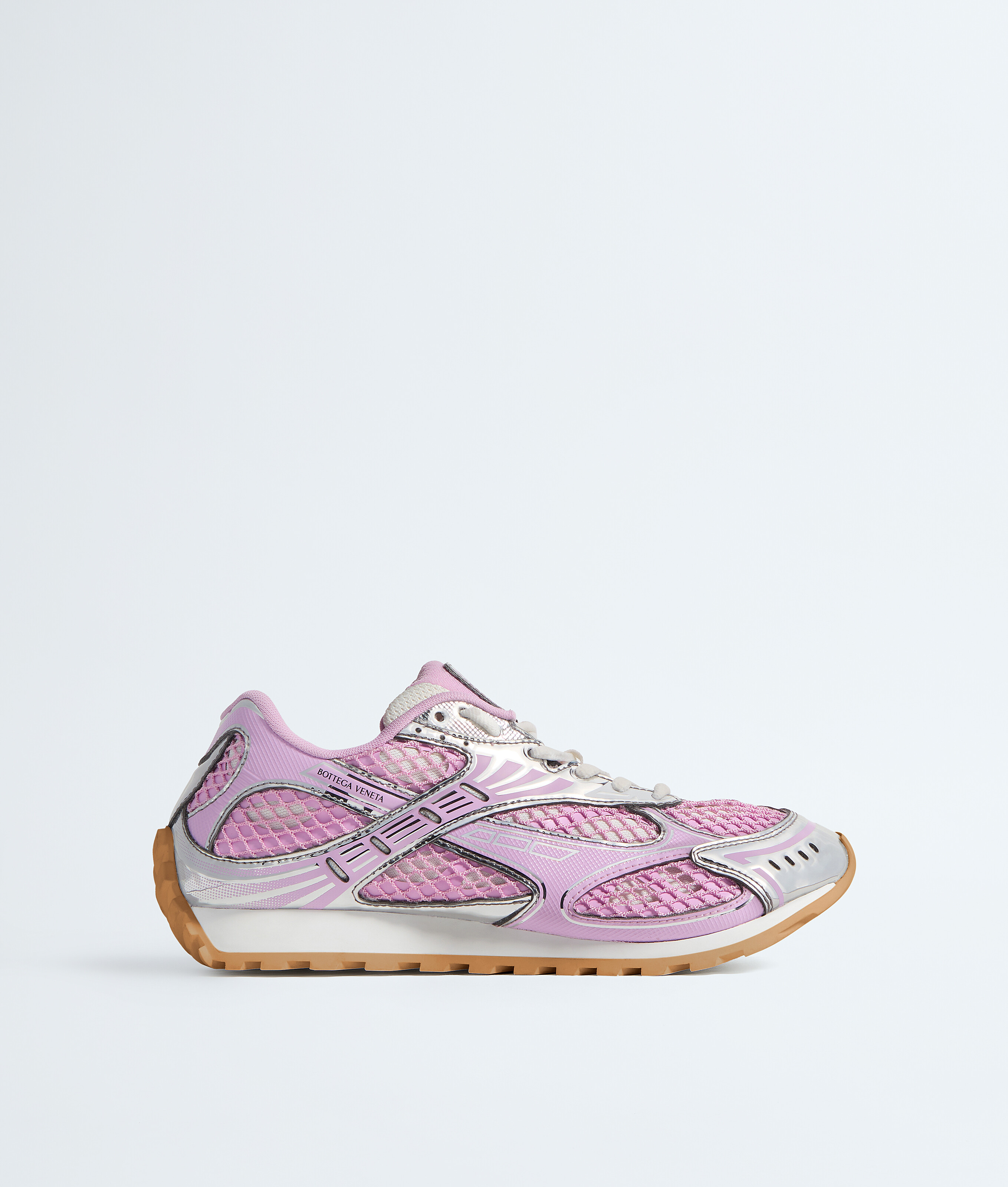 Bottega Veneta Women 'orbit' Pink Sneakers With Logo Lettering Print In Lightweight Techno Mesh Woma In Gloss/silver