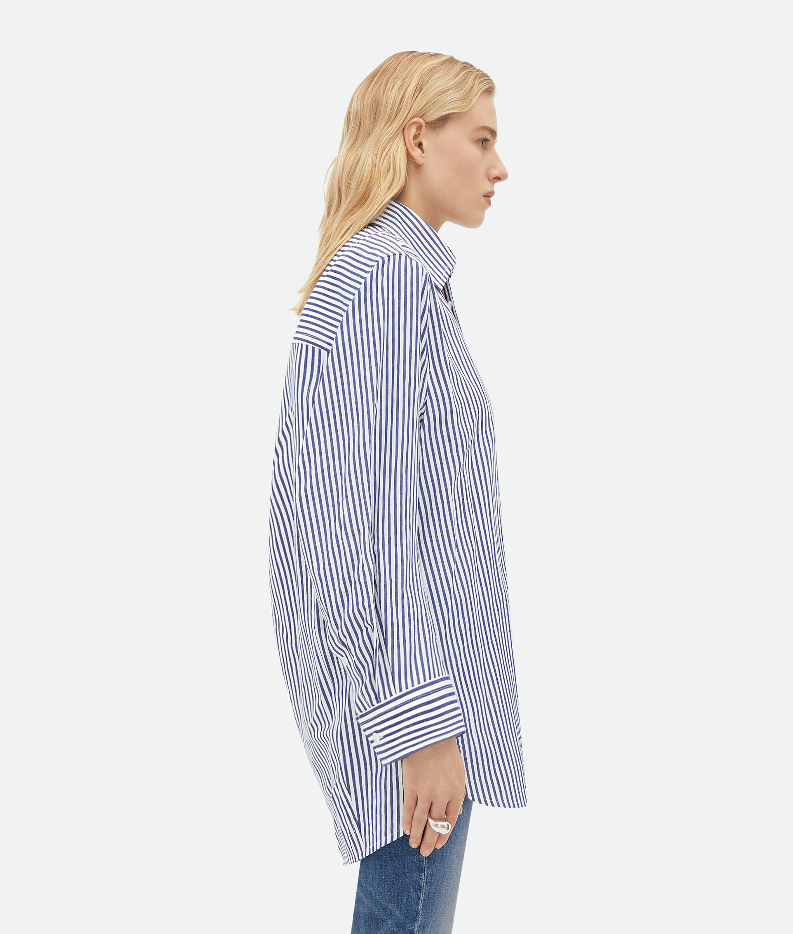 Shop Bottega Veneta Curved Shape Oversized Cotton Linen Shirt In Blue