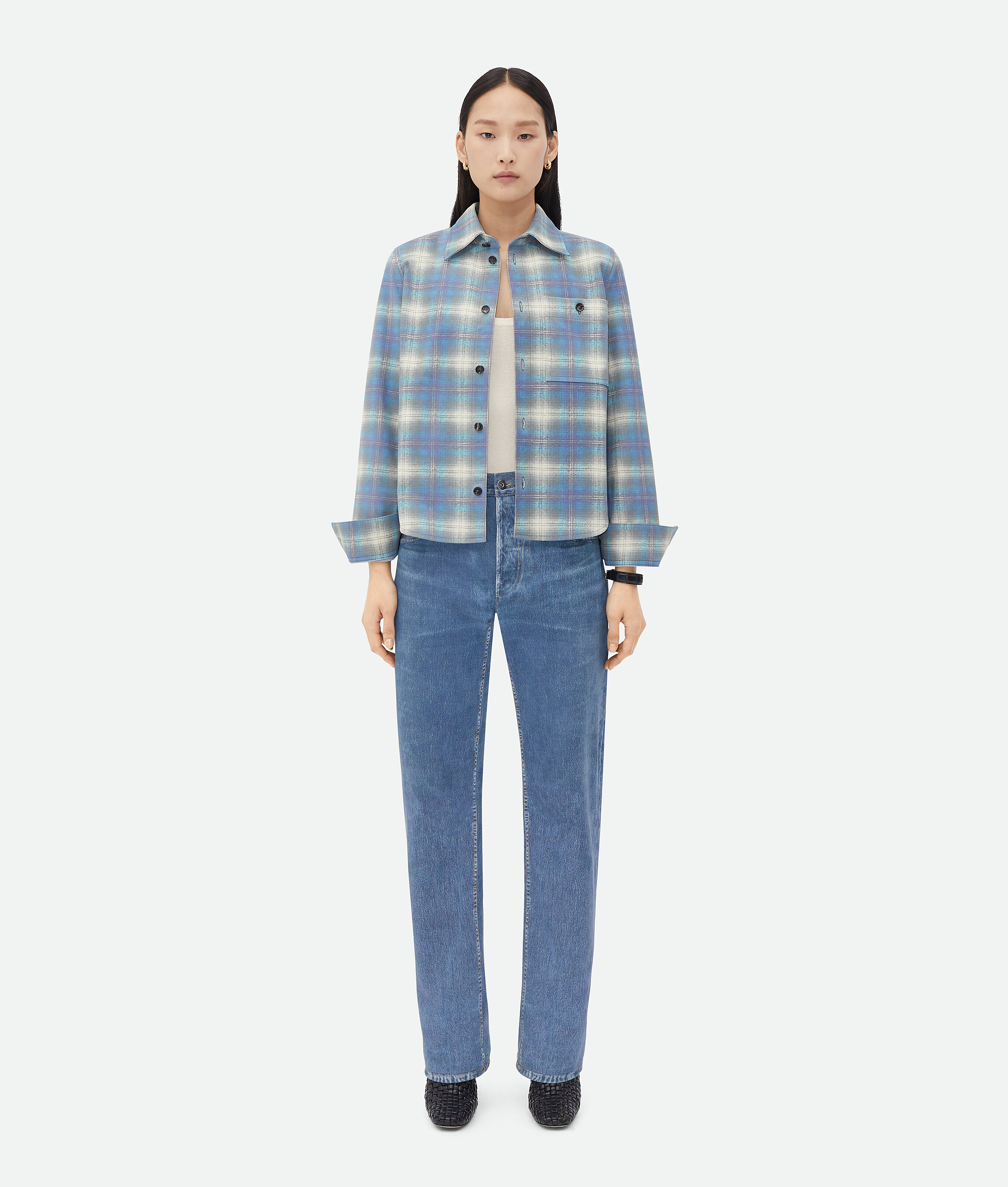 Shop Bottega Veneta Flannel-printed Leather Shirt In Blue