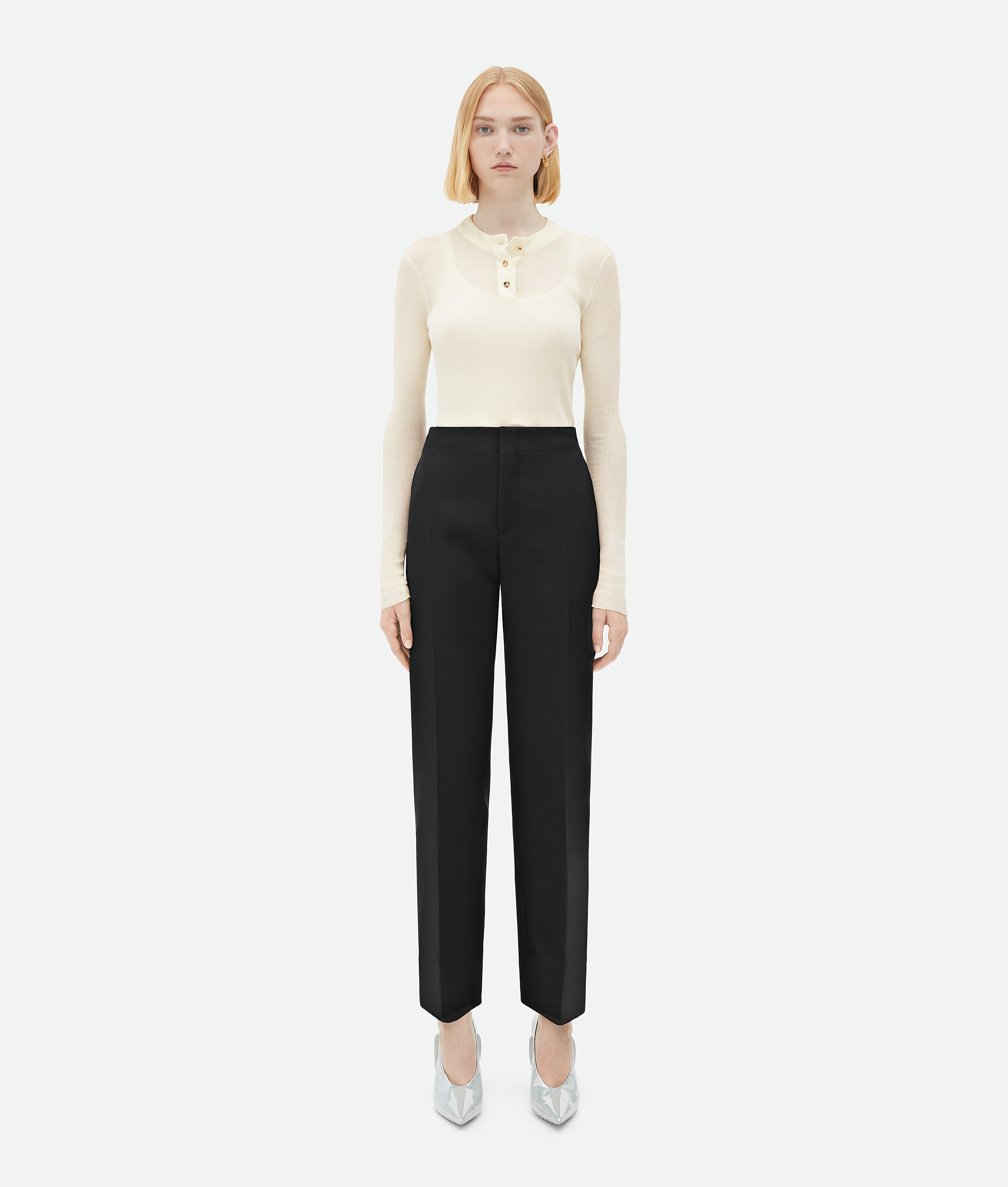 Bottega Veneta Curved Shape Wool Trousers In Black