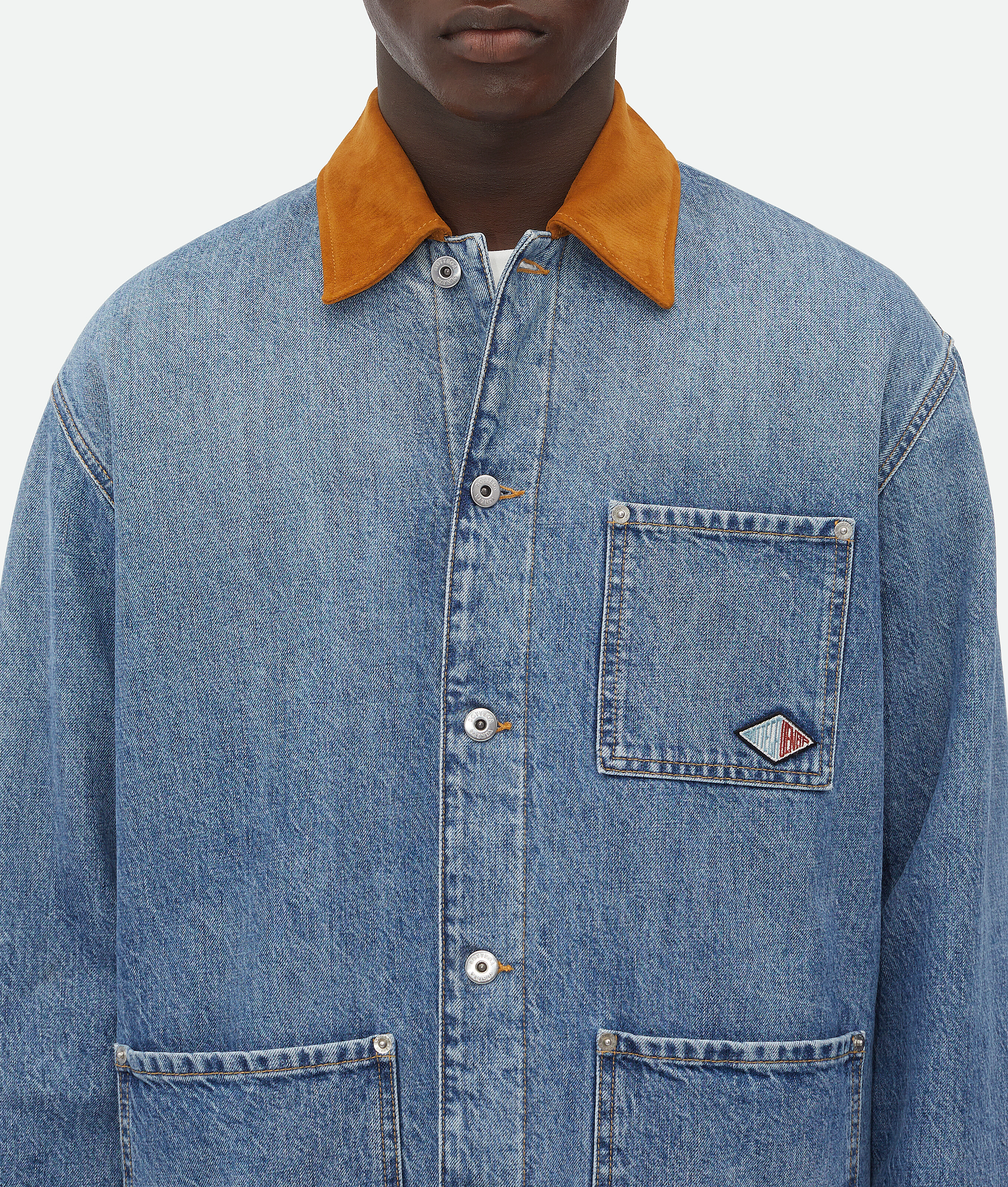 Bottega Veneta Men Blue Jacket With Suede Collar And Logo Patch In Denim Man