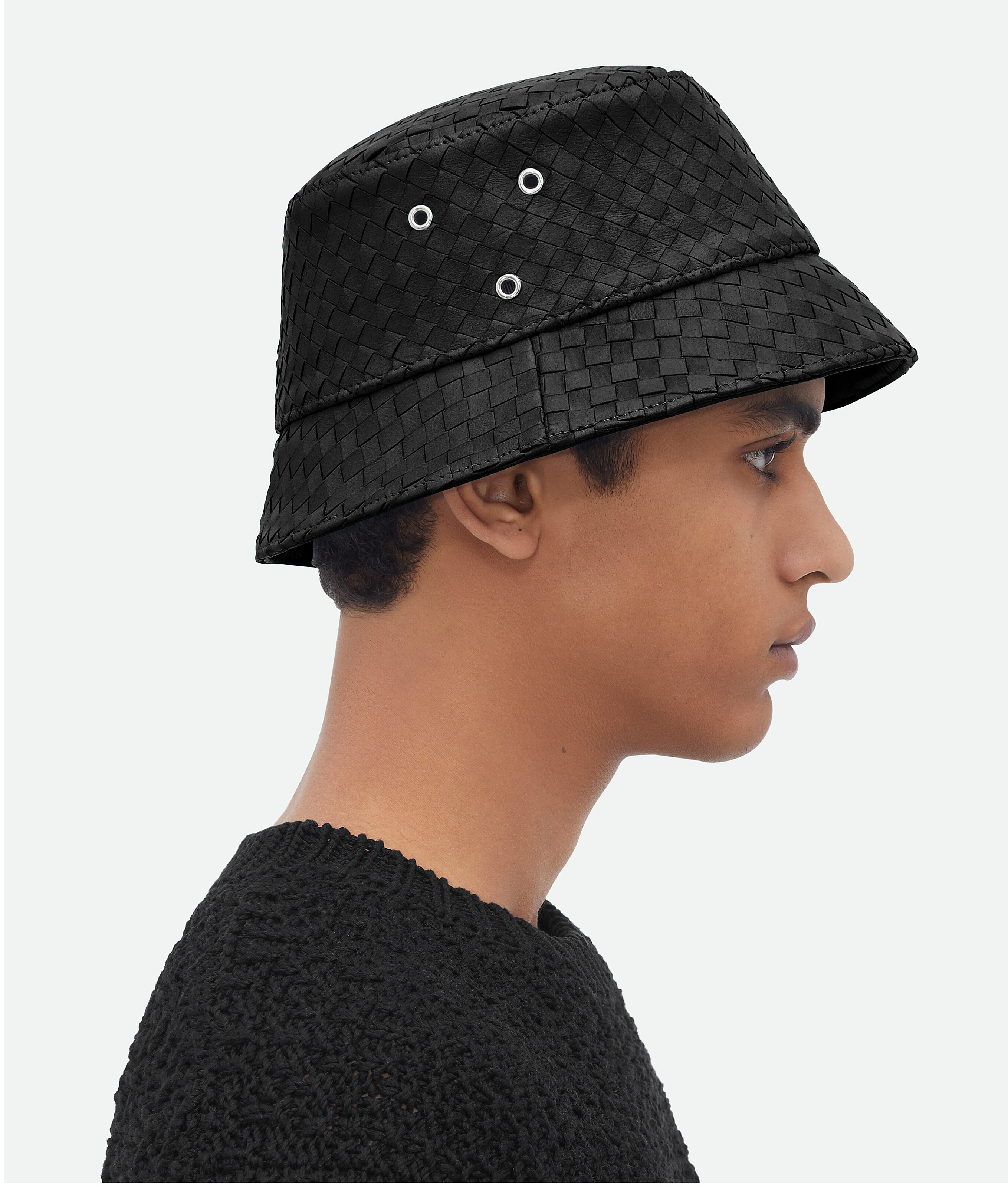 Bottega Veneta Black Bucket Hat With Metal Eyelets And Intreccio Motif In Leather Man In Black