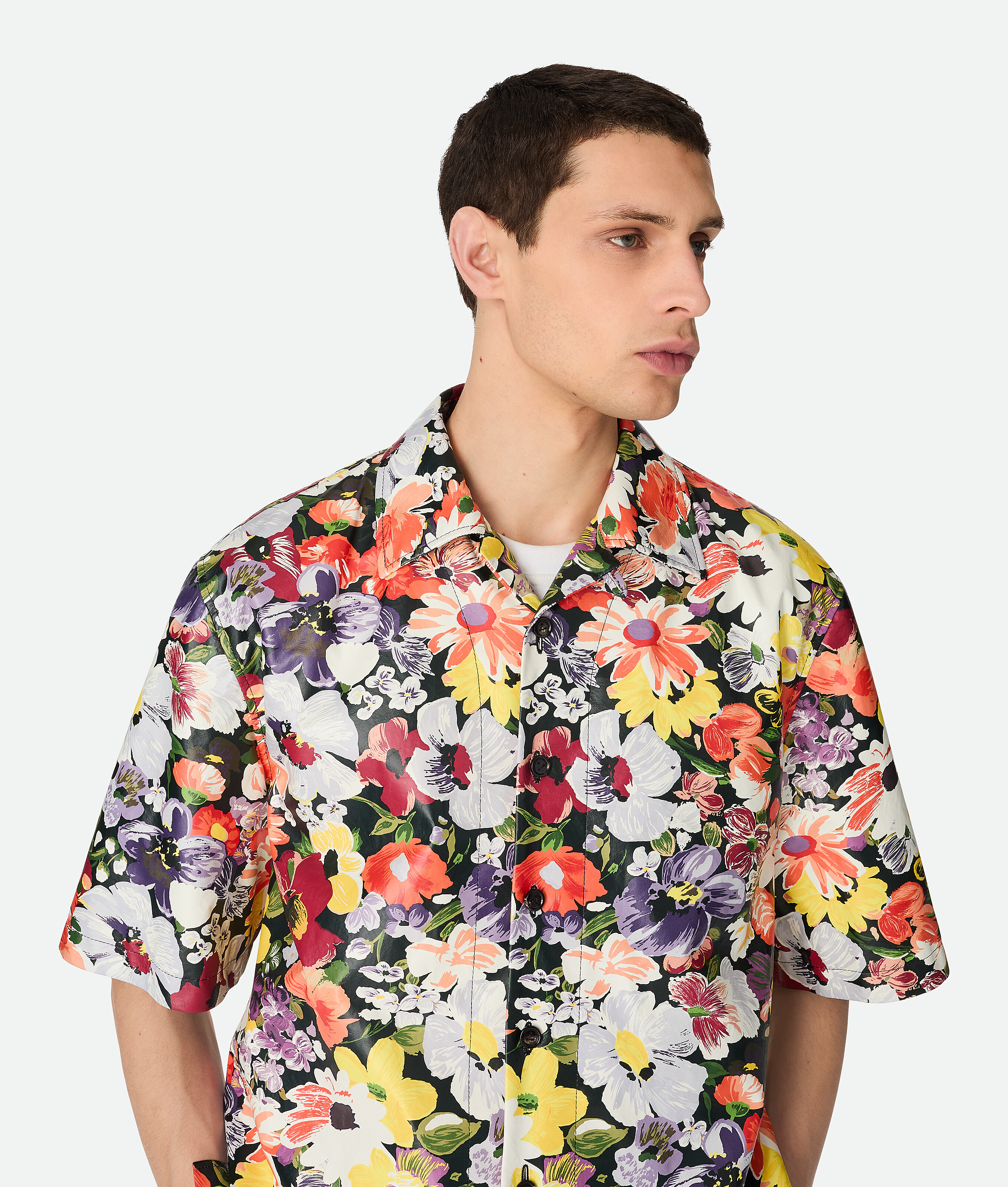 Bottega Veneta Floral Print Leather Camp Shirt In Multi