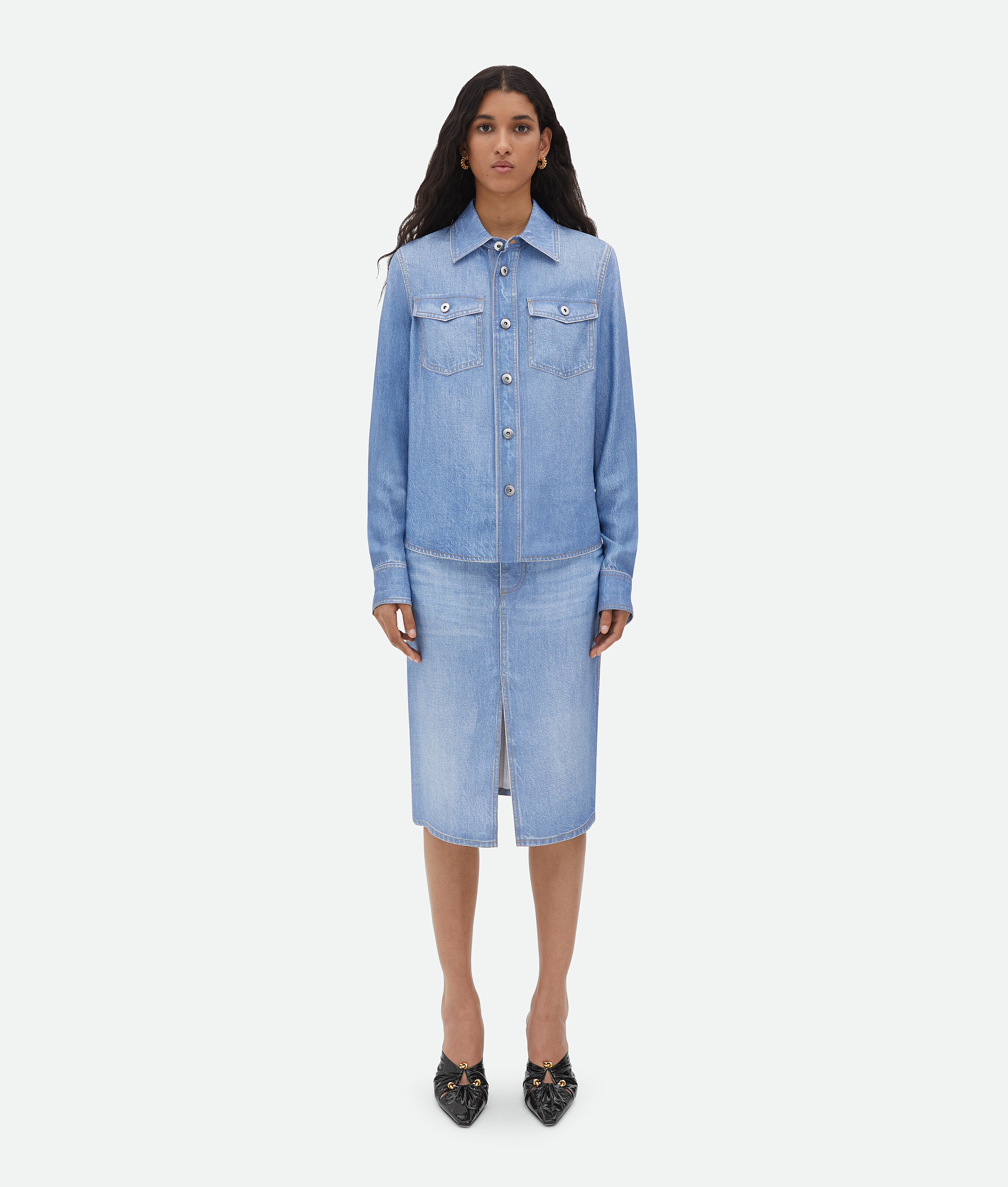 Bottega Veneta Printed Viscose And Silk Denim Shirt In Blue