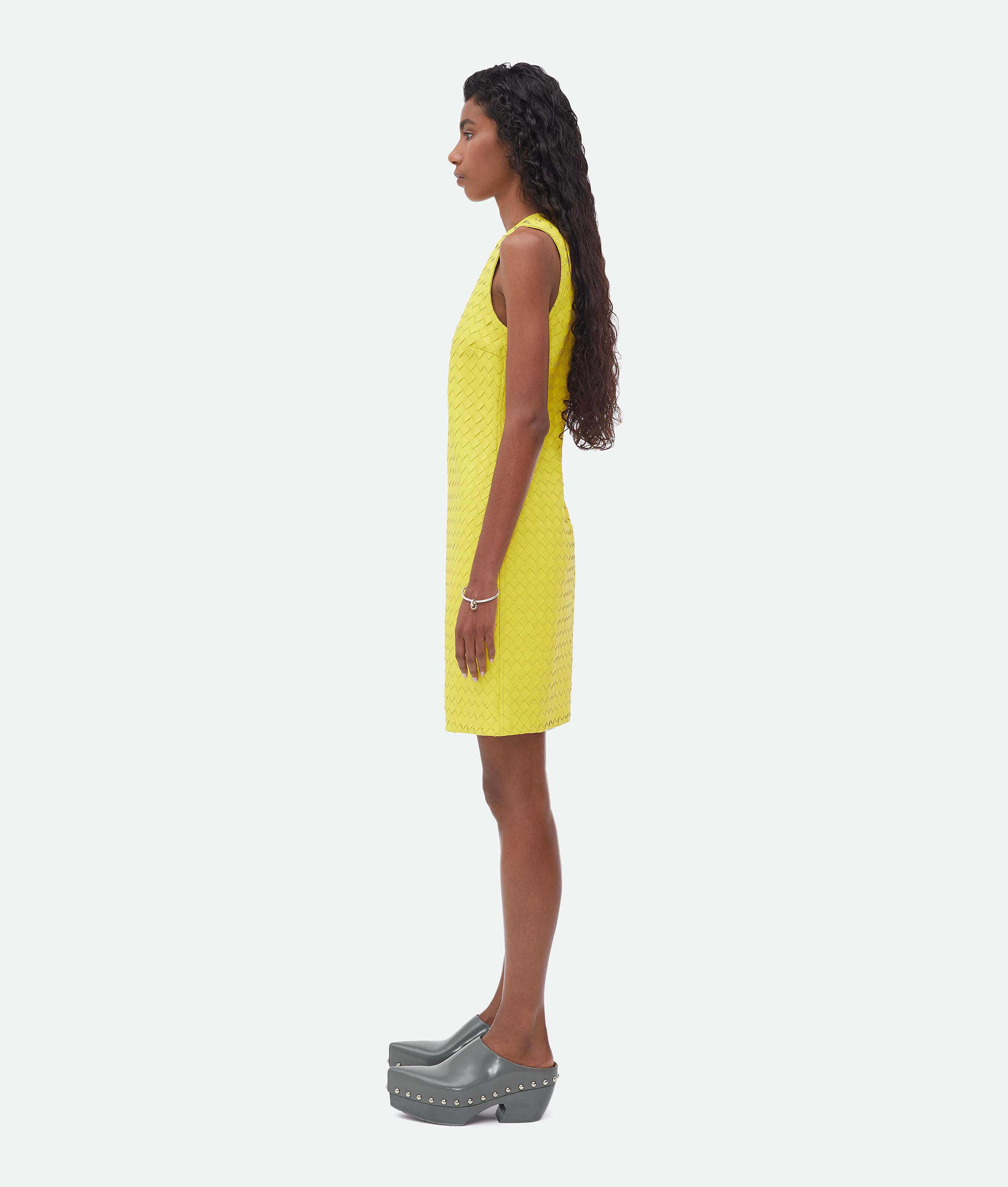 Bottega Veneta Leather Intrecciato Weave Mini Dress In Yellow