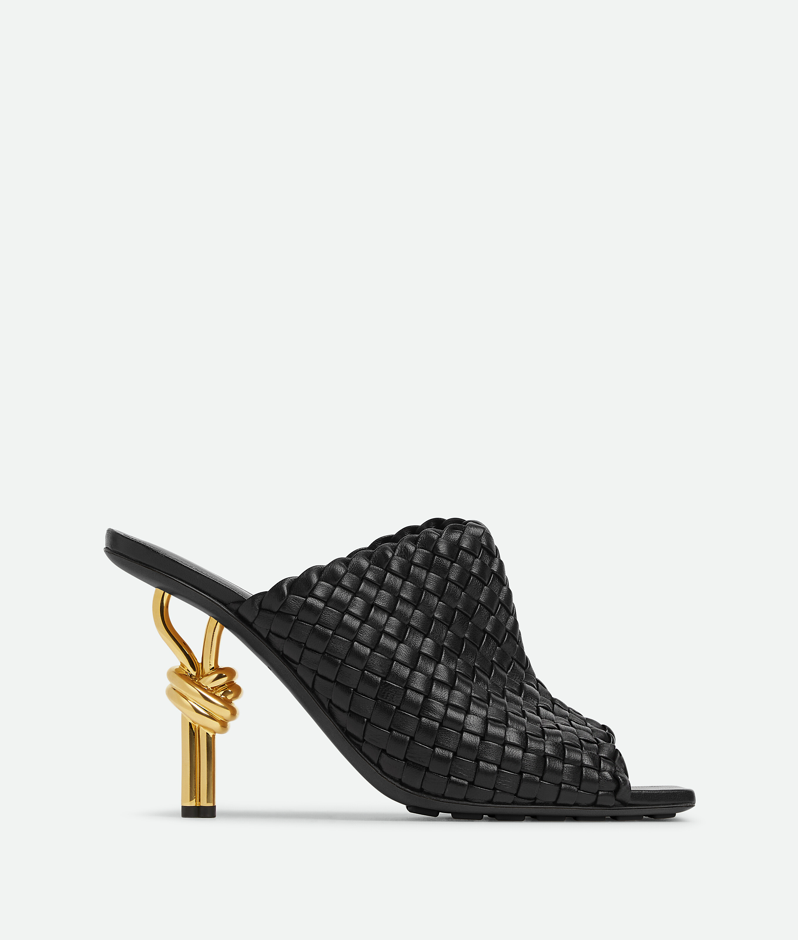 Bottega Veneta Leather Woven Mules With Metal Knot Heel In Black