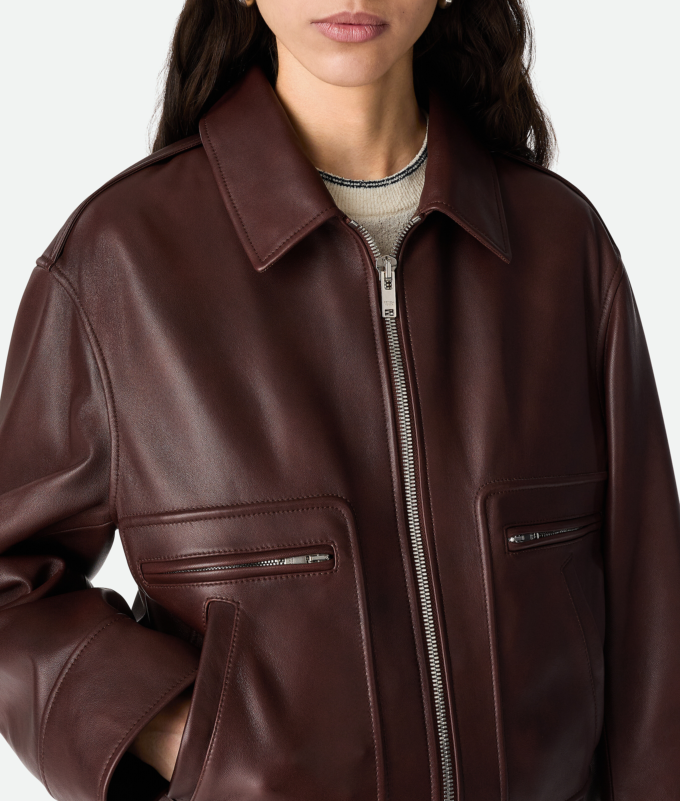 Bottega Veneta Brown Shearling Coat With Removable Fur Collar And Front Zip Closure In Leather Woman In Burgundy