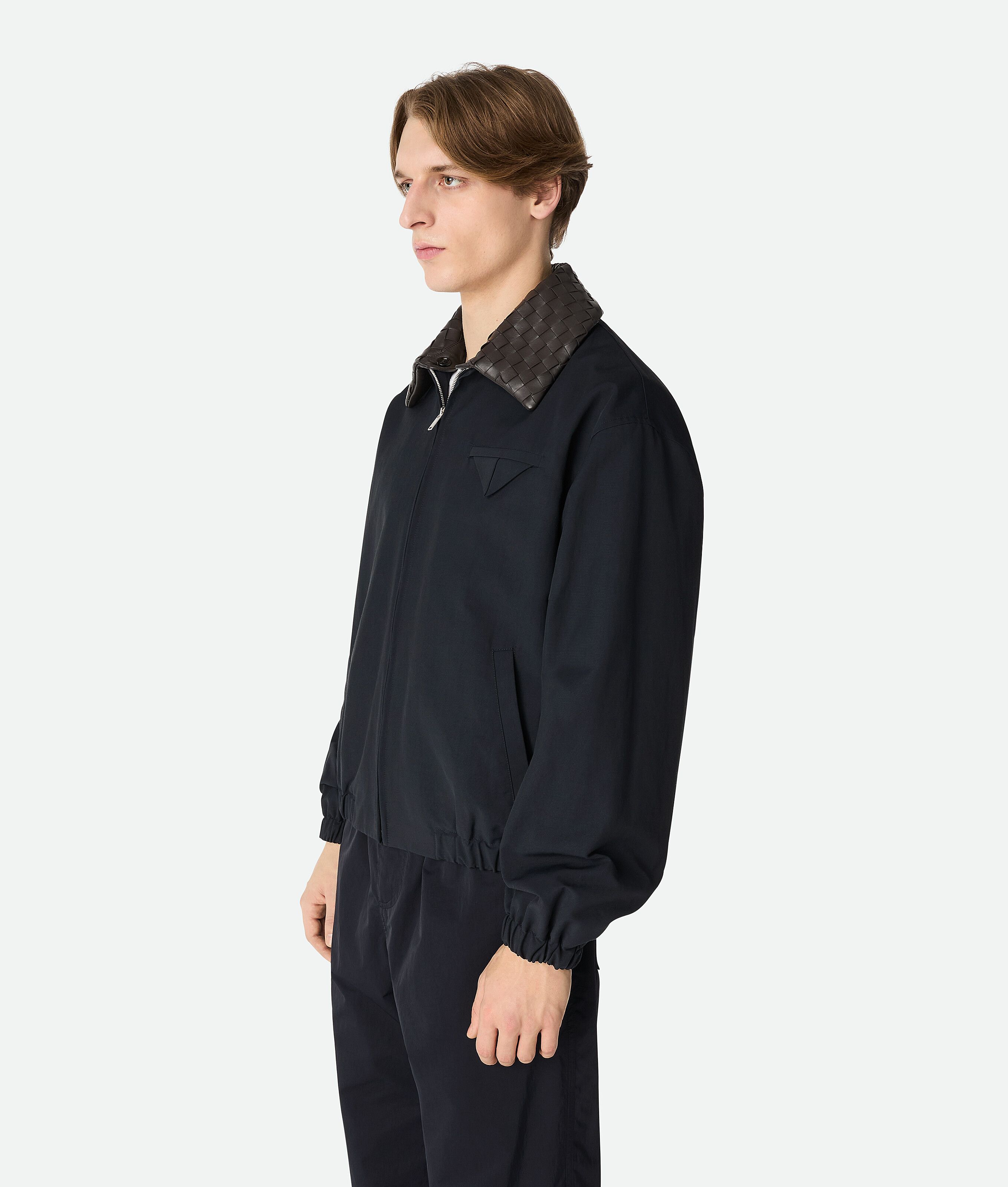 Bottega Veneta Mens Midnight Blue Intrecciato-collar Blouson Cotton-blend Jacket