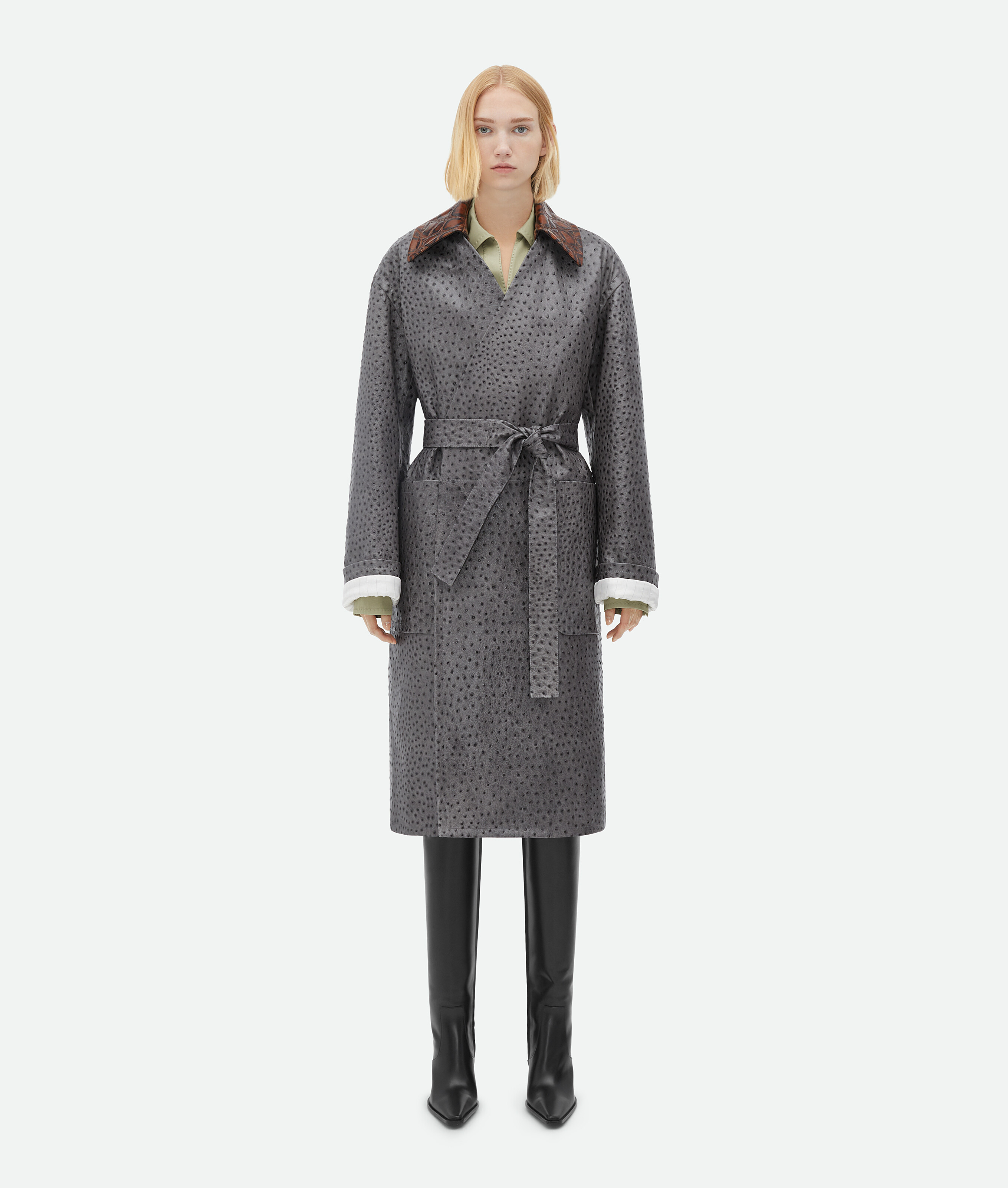 Bottega Veneta Ostrich-effect Leather Belted Coat In Grey