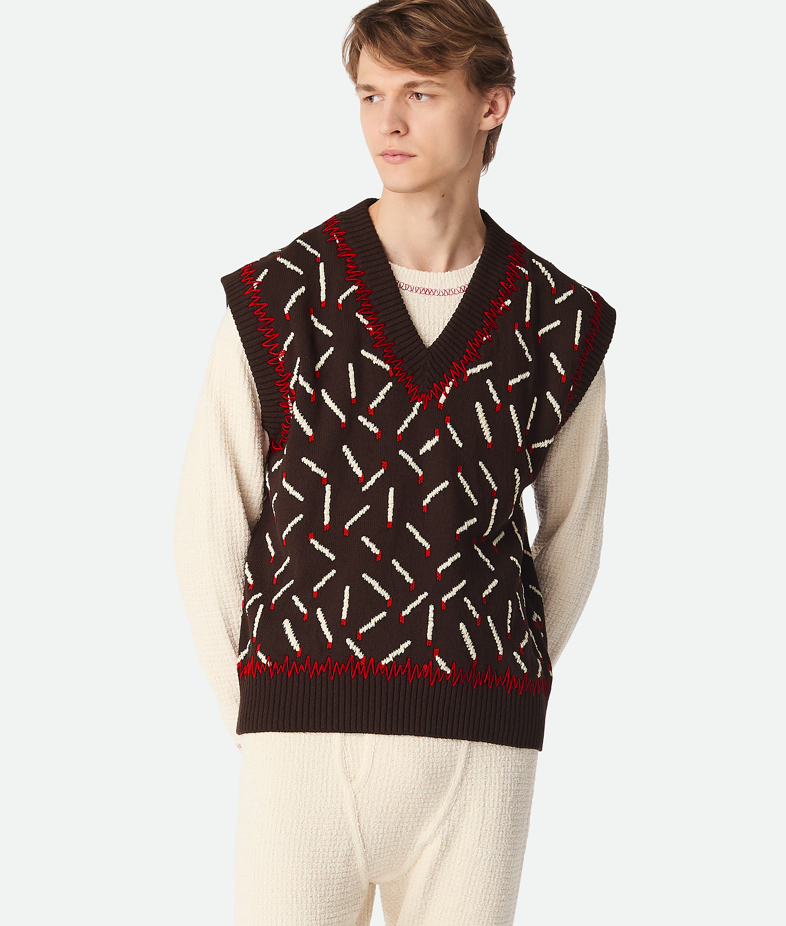 Bottega Veneta Men Brown Jacquard Vest With Matchstick Pattern In Ebony/chalk/tomato