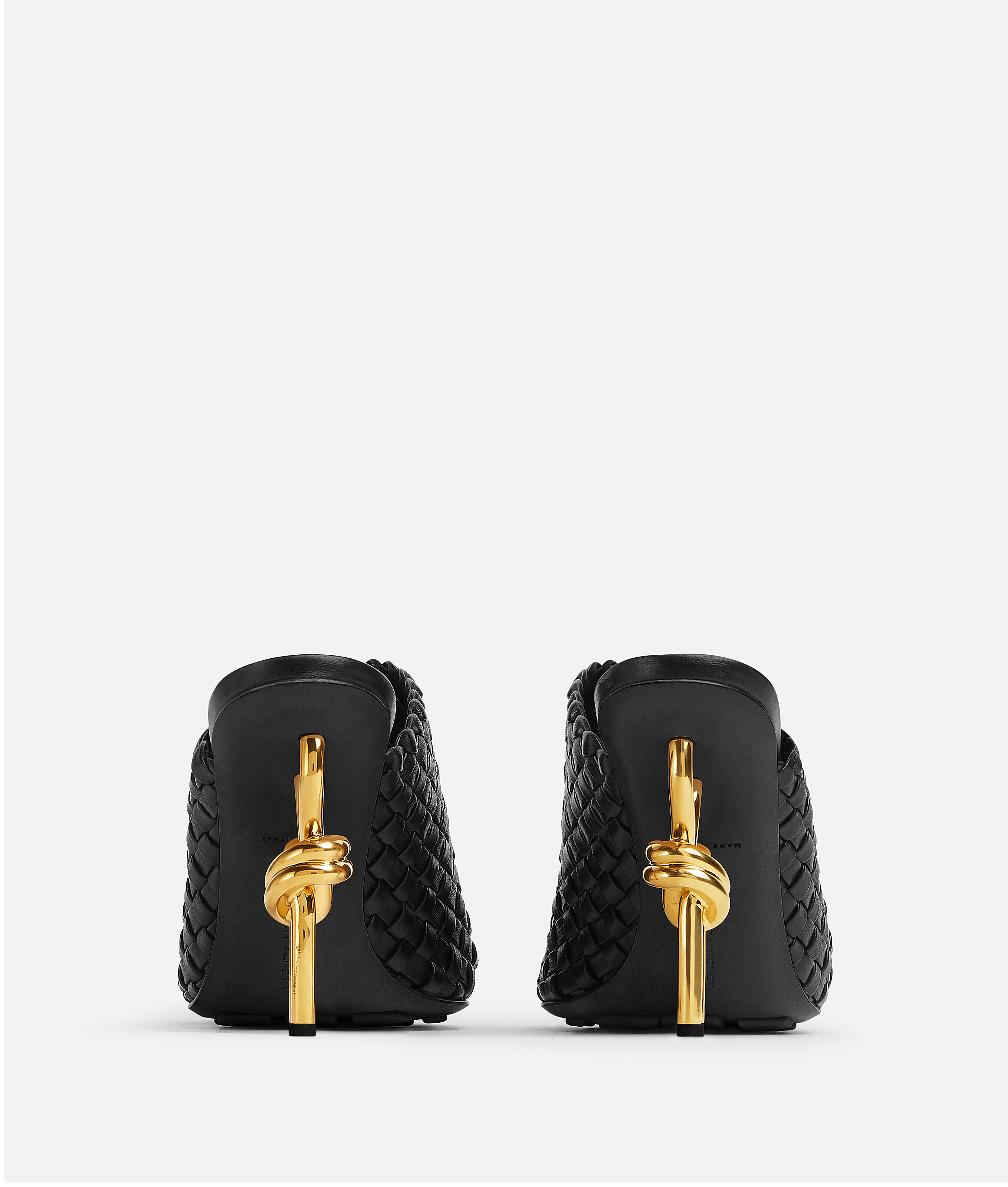 Bottega Veneta Leather Woven Mules With Metal Knot Heel In Black
