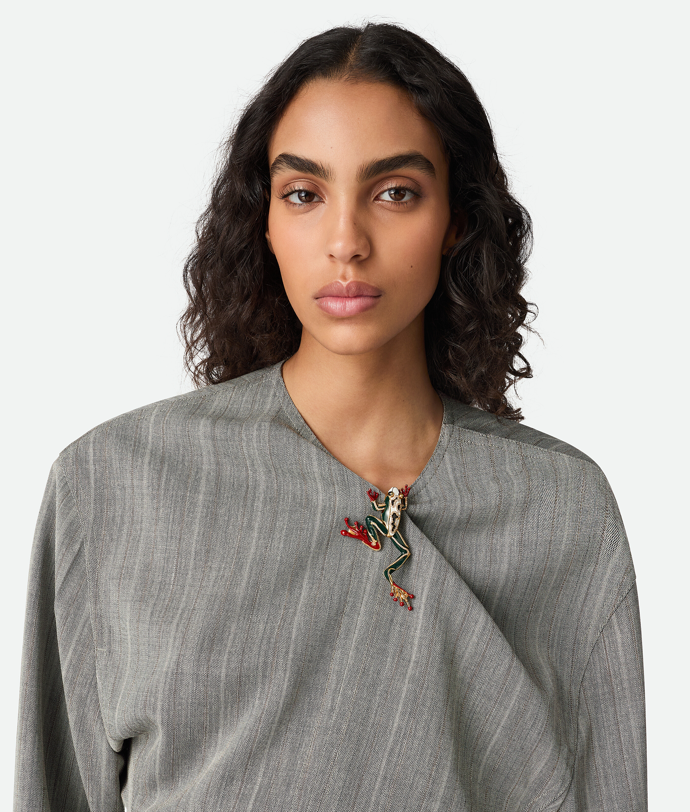 Bottega Veneta Subtle Stripe Melange Wool Dress With Frog Brooch In Vulcano/bean Melange