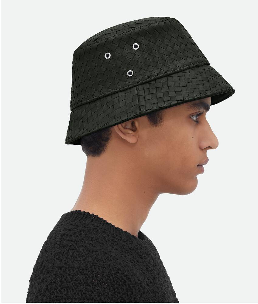 Bottega Veneta® Men's Intrecciato Leather Bucket Hat in Dark Green