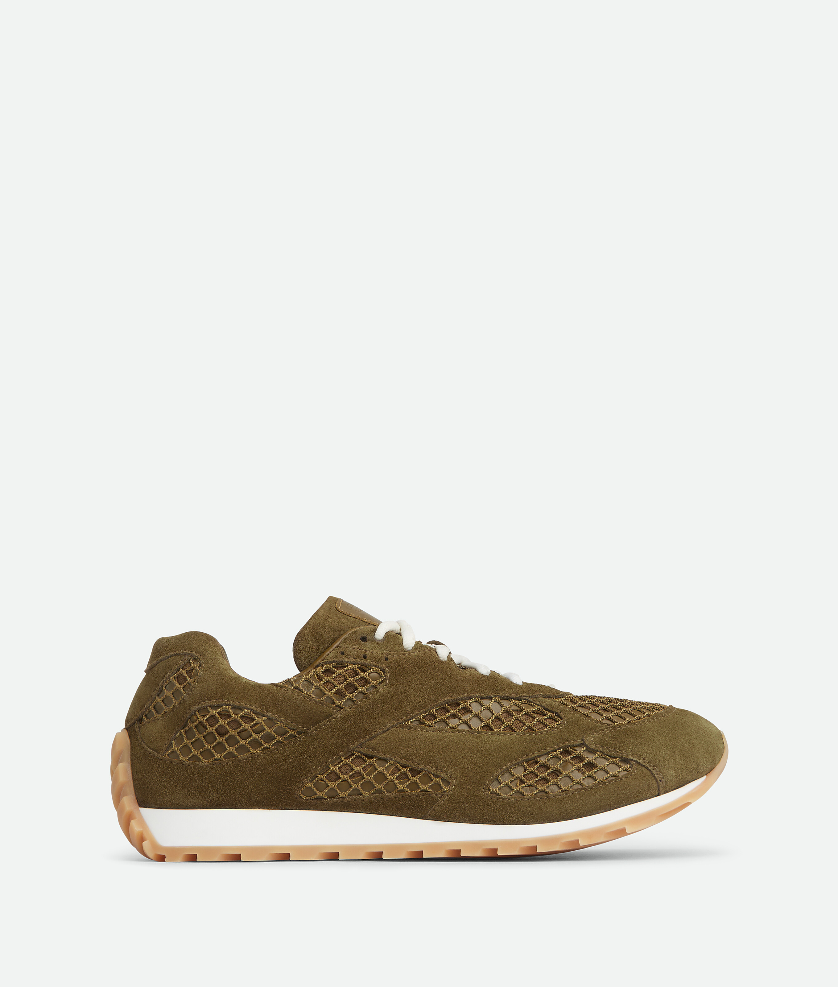 Bottega Veneta Suede Orbit Sneakers Mesh Panels In Olive Oil