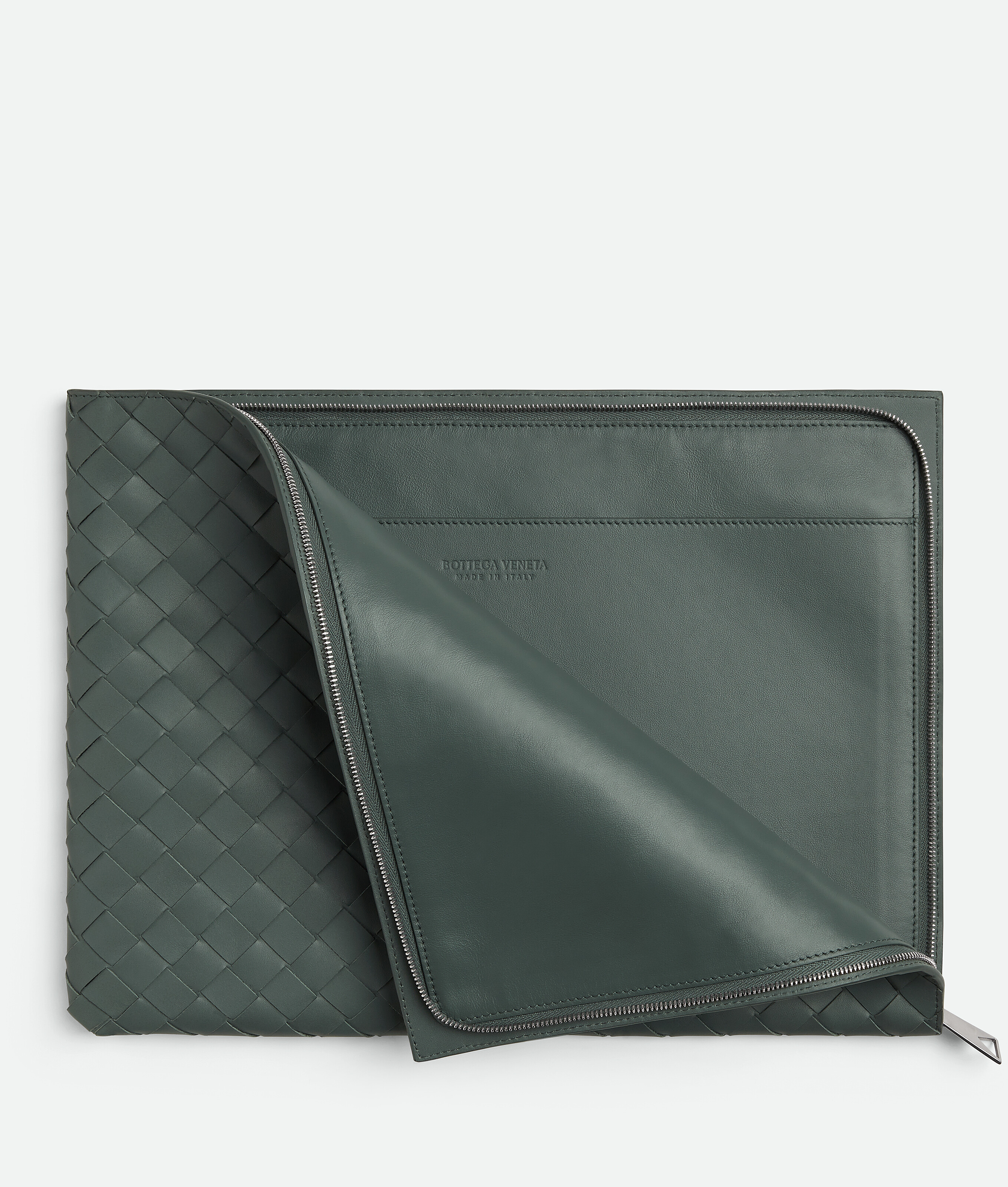 Shop Bottega Veneta Intrecciato Half Zip Pouch In Grey