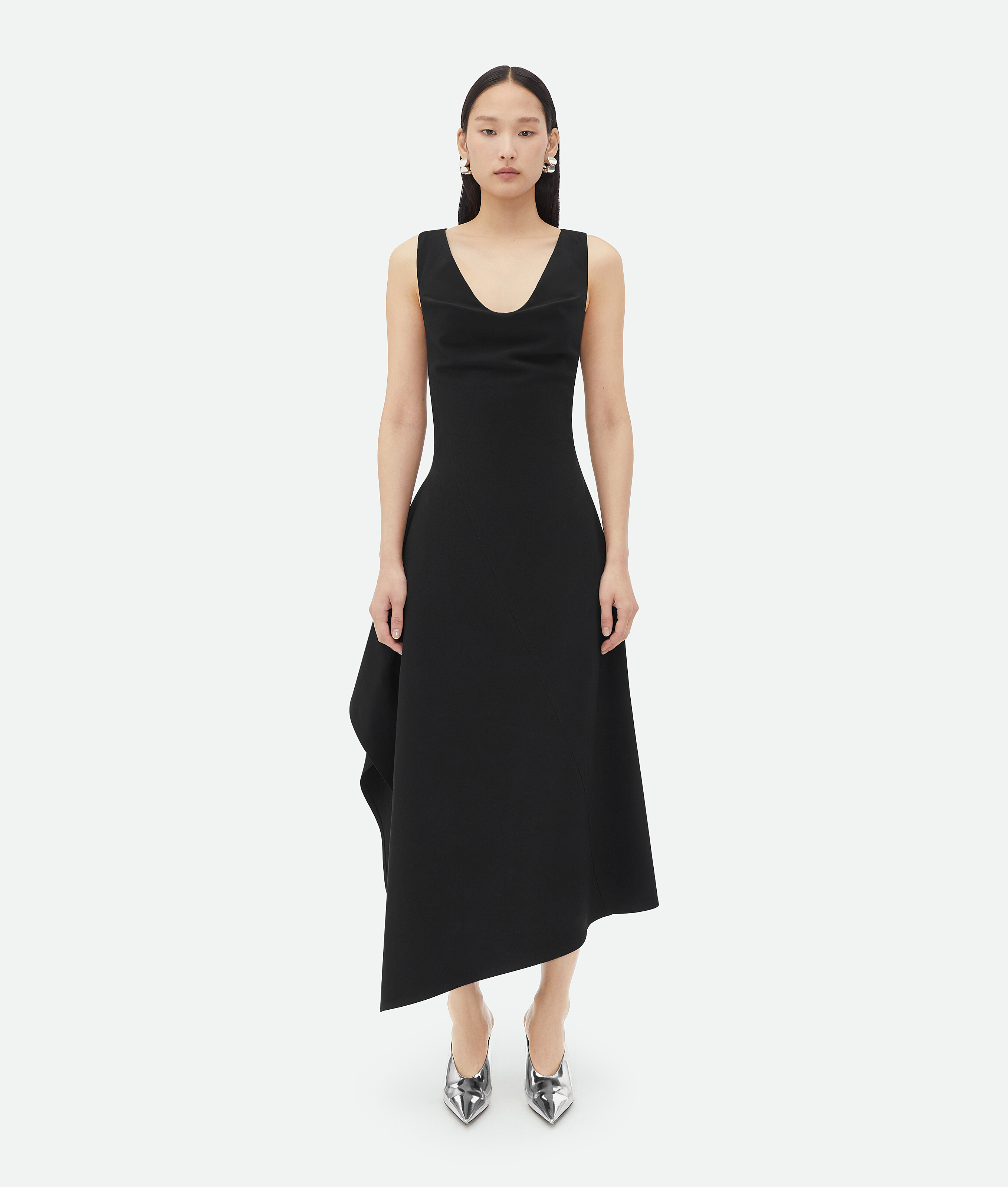 Shop Bottega Veneta Stretch Cotton Asymmetric Midi Dress In Black