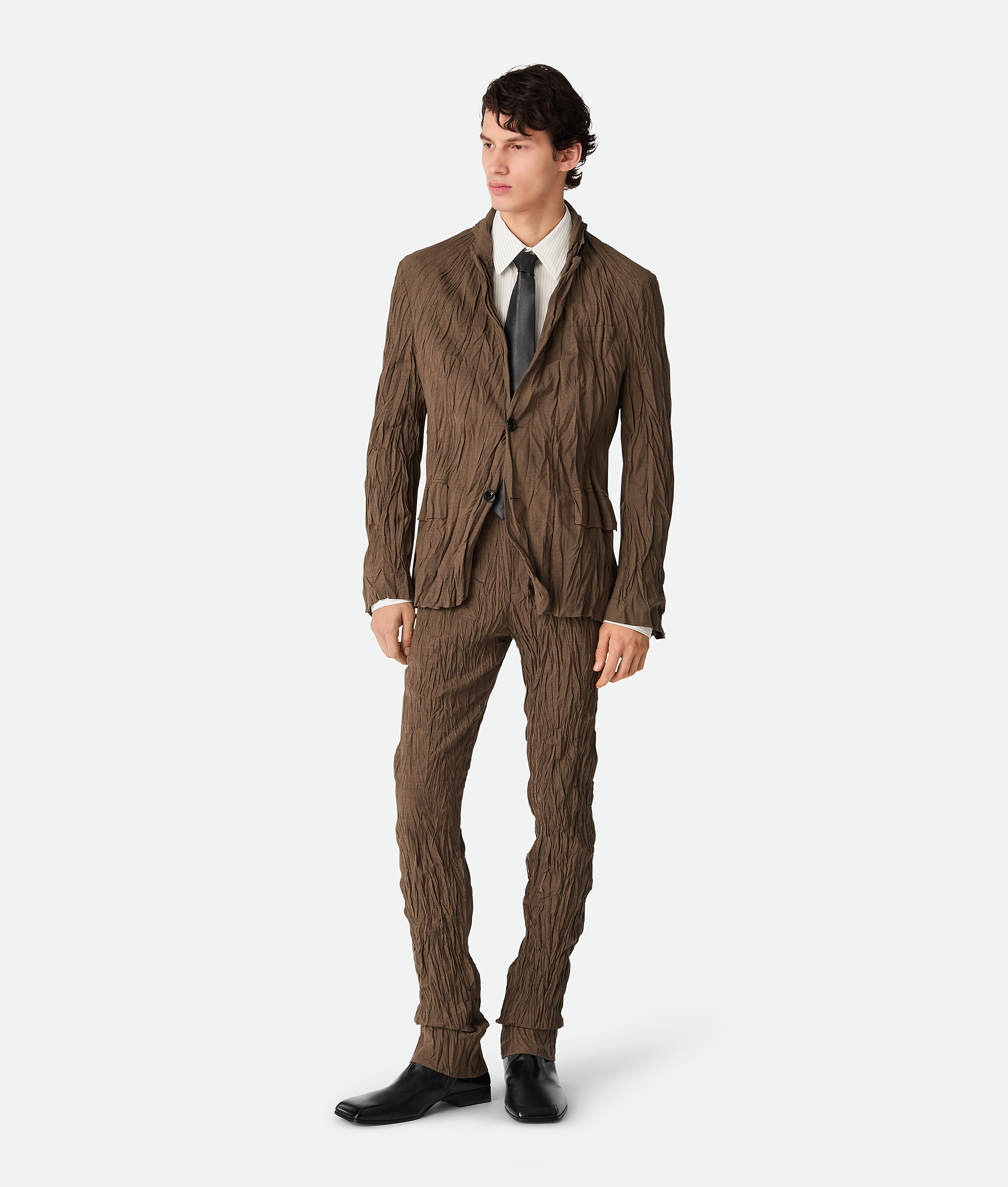 Bottega Veneta Crushed Wool Slim Trousers In Coffee Melange
