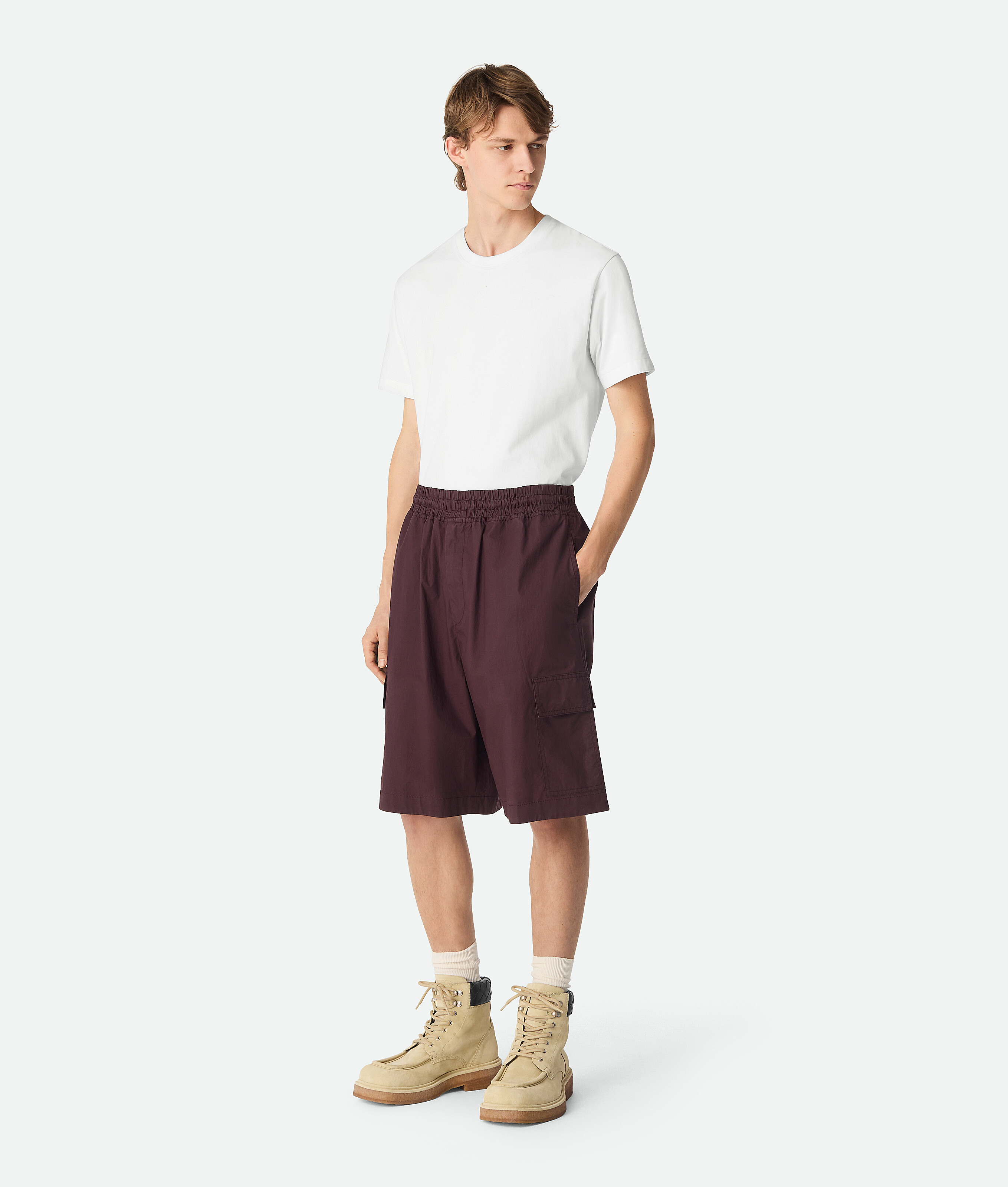 Bottega Veneta Resinated Cotton Cargo Shorts In Aubergine