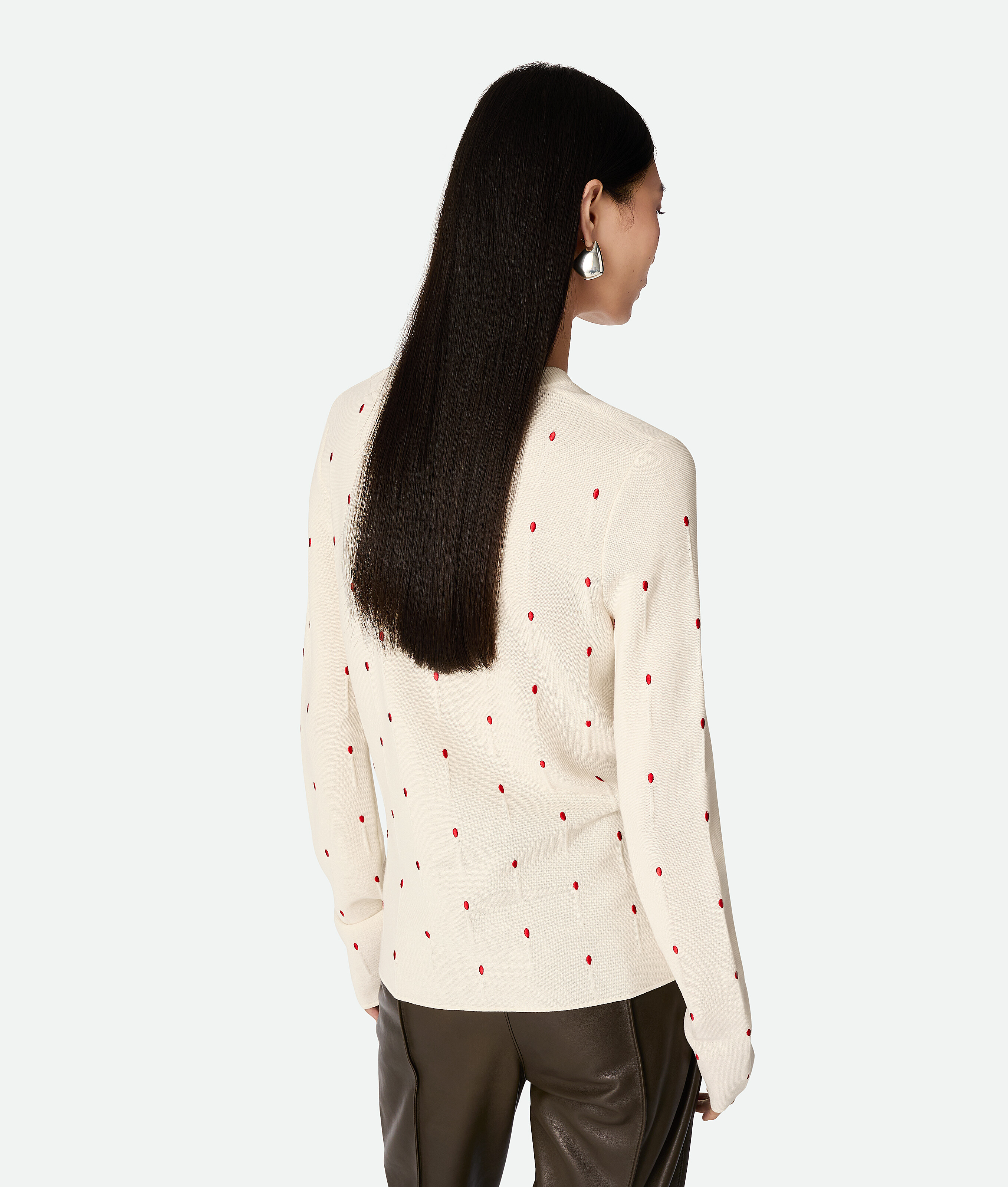 Bottega Veneta Polka Dot Crew Neck Top With Red Embellishment In Chalk/vernis