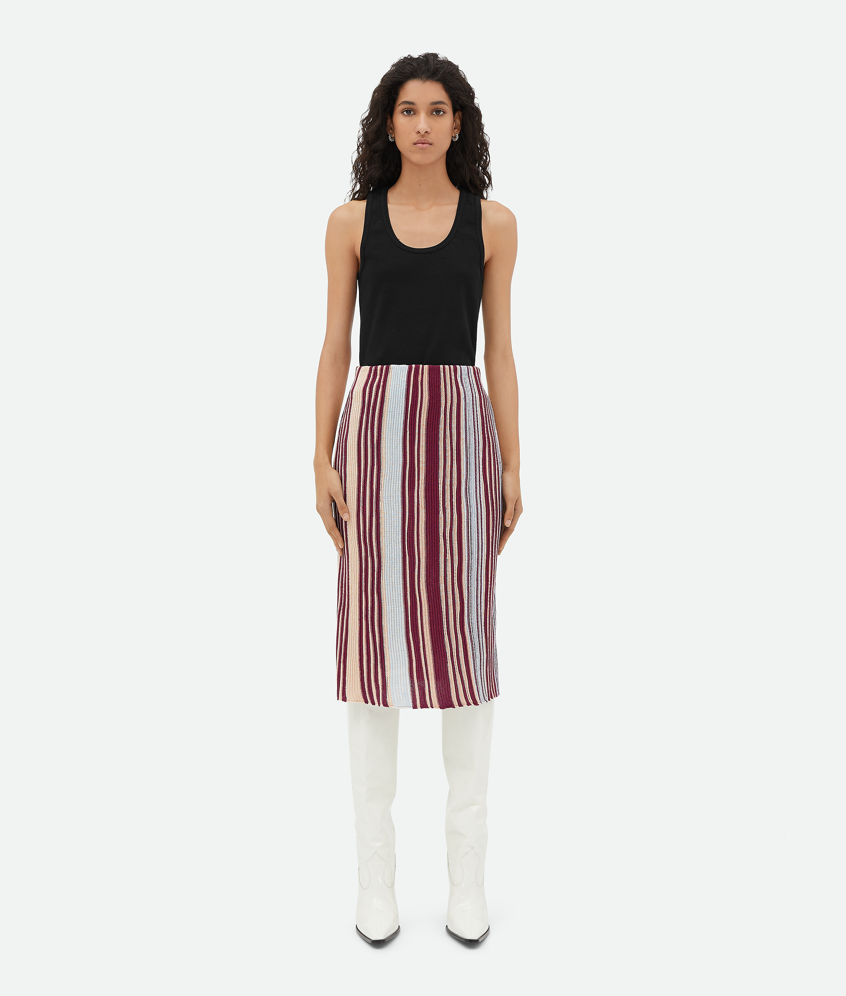 Bottega Veneta Stripe Rib Linen Midi Skirt In String/merlot