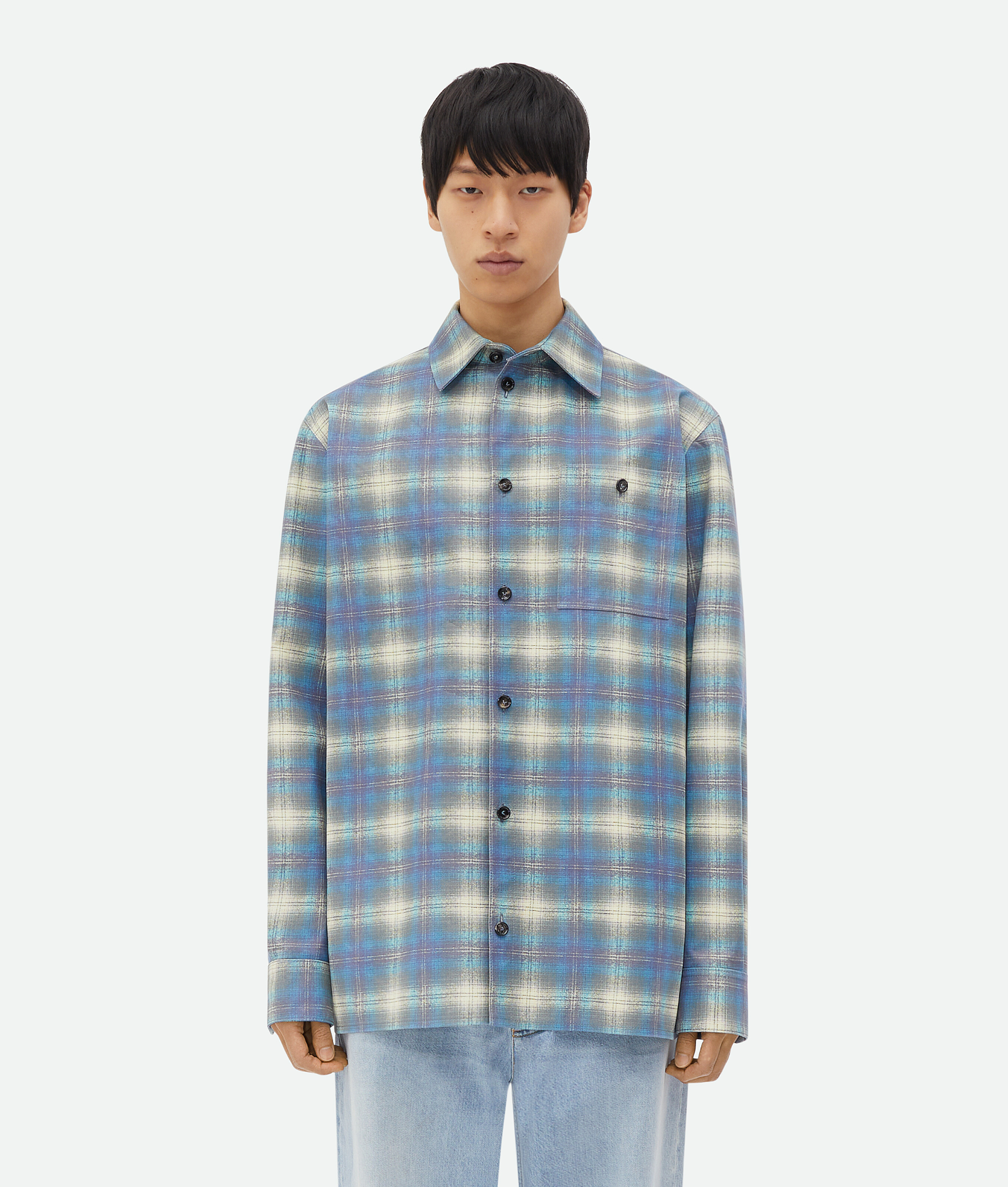 Shop Bottega Veneta Relaxed Fit Flannel-printed Leather Shirt In Blue