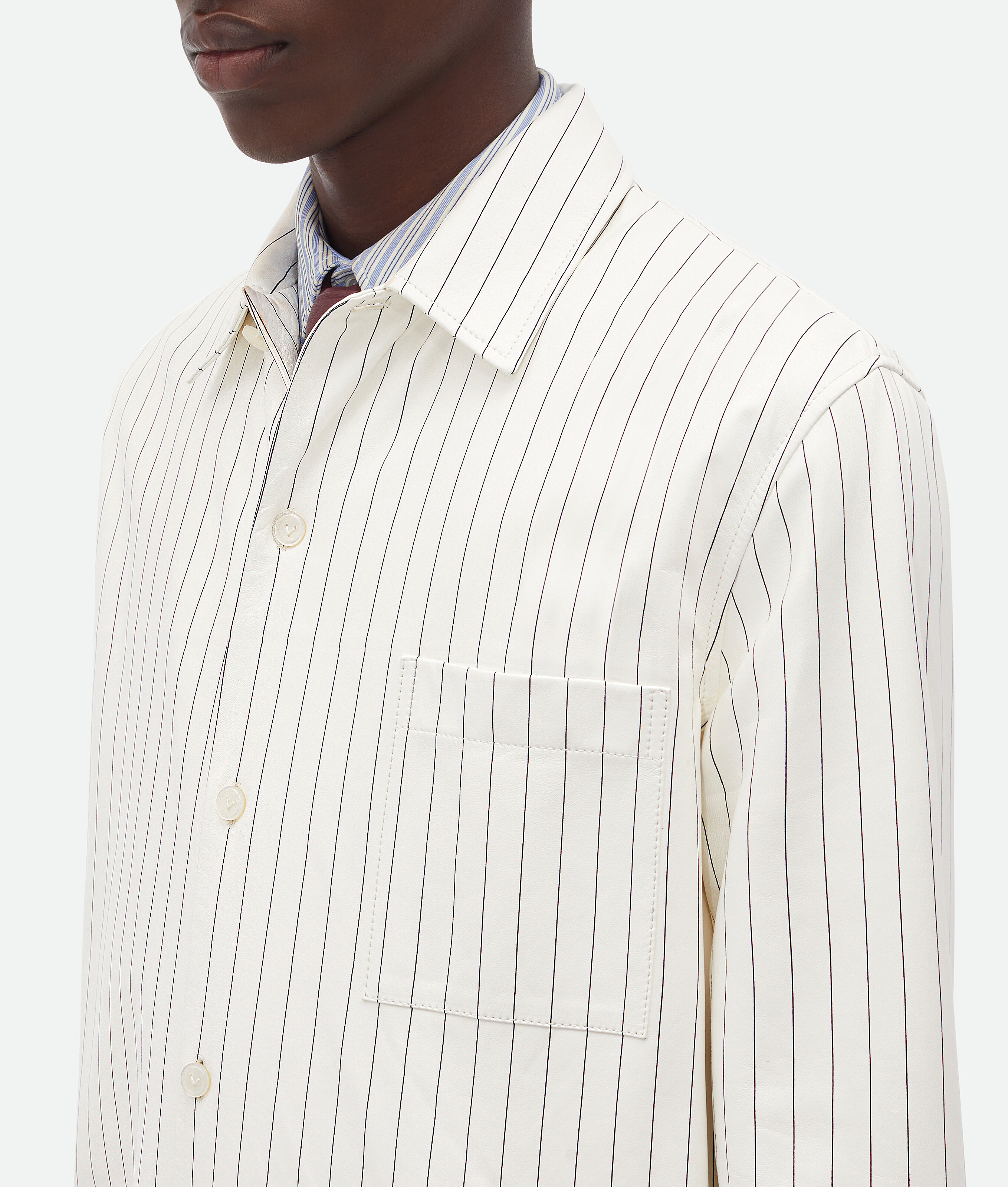 Shop Bottega Veneta Printed Leather Pinstripe Long Shirt In White