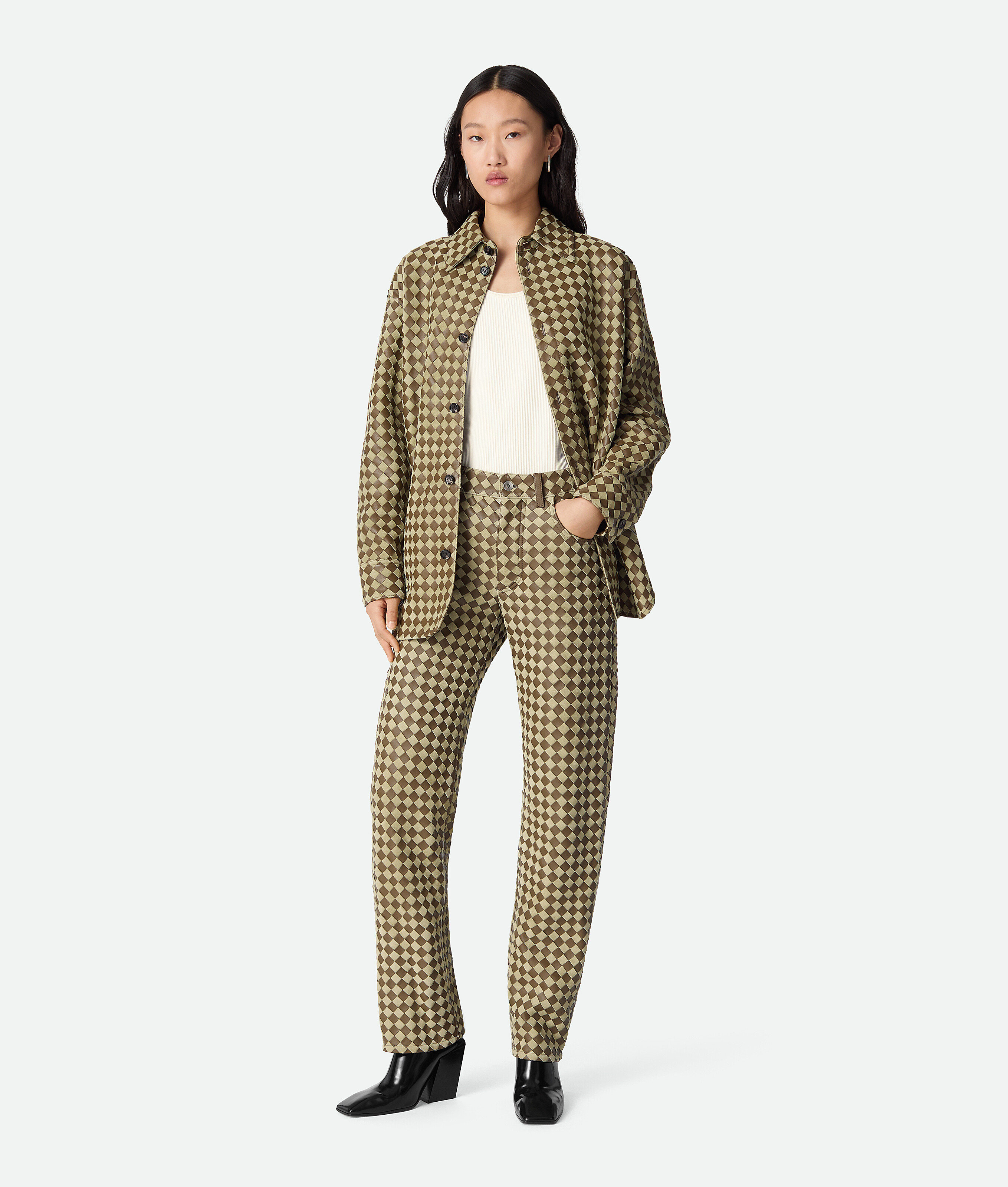 Bottega Veneta Pantaloni In Suede E Pelle Con Motivo Intrecciato - Marrone - Donna - 40 - Pelle Di Agnello